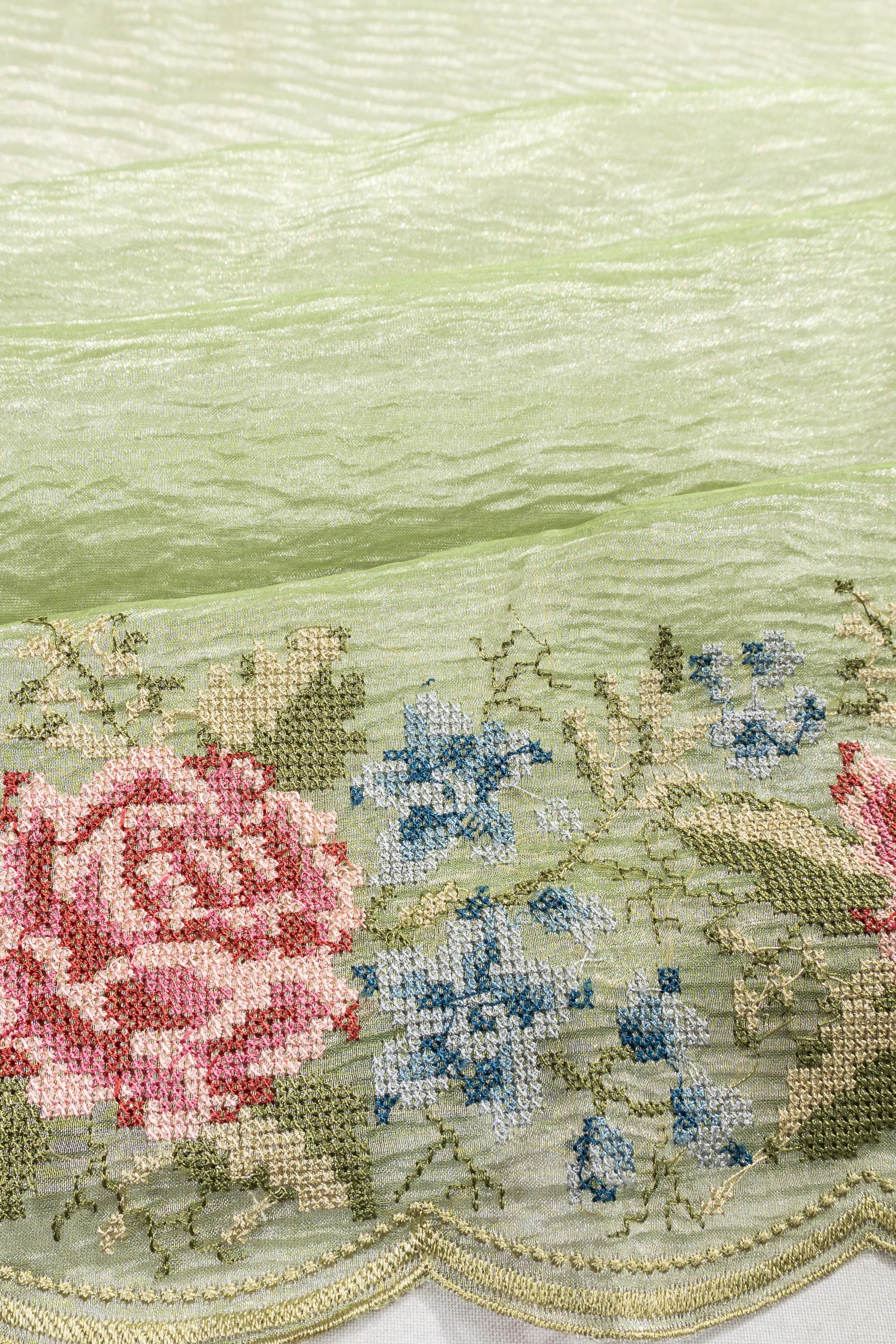 Crushed Organza Tissue Pista Green Saree With Embroidery Border