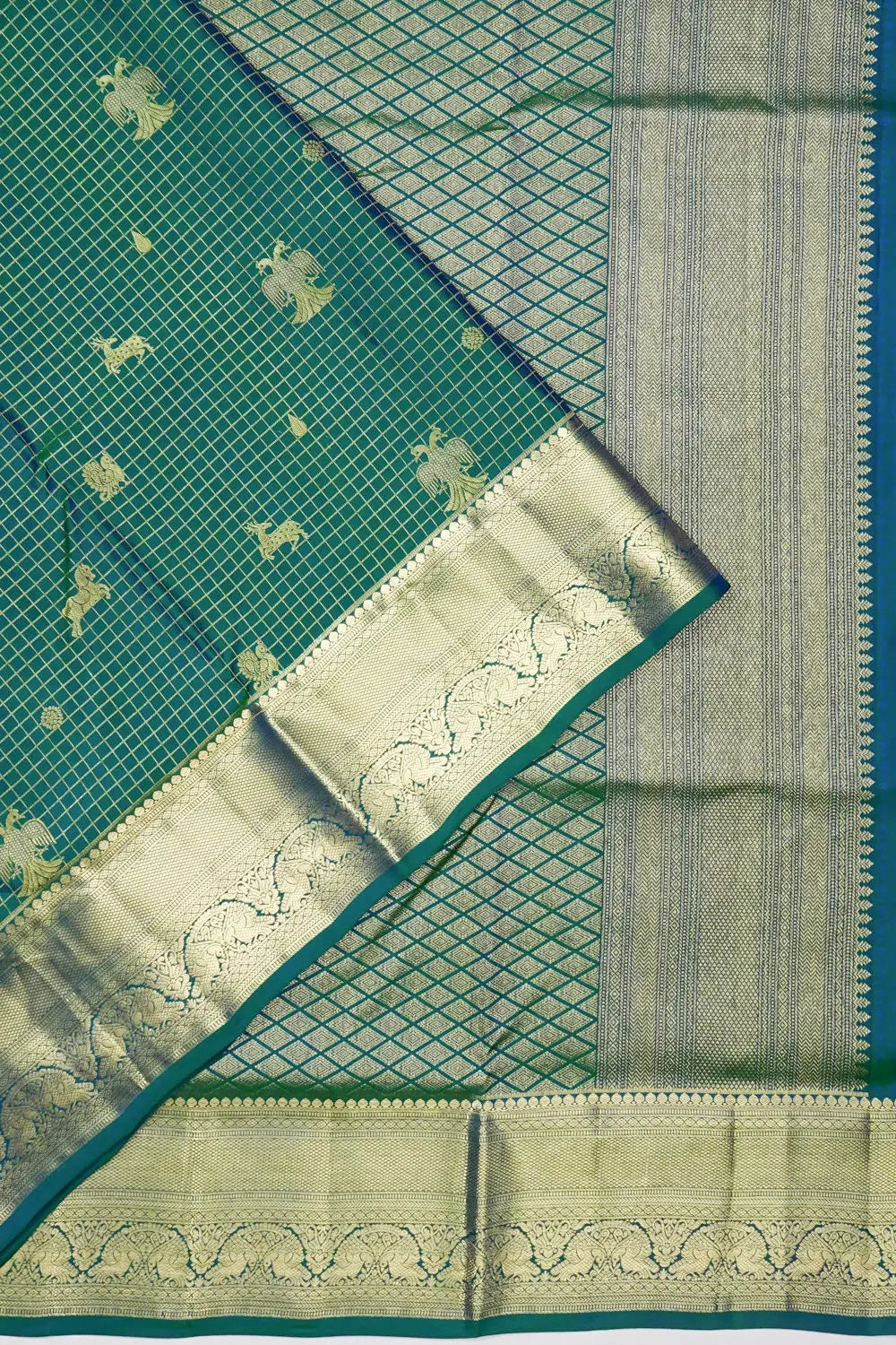 Coimbatore Soft Silk Checks And Butta Dual Tone Green And Blue Saree