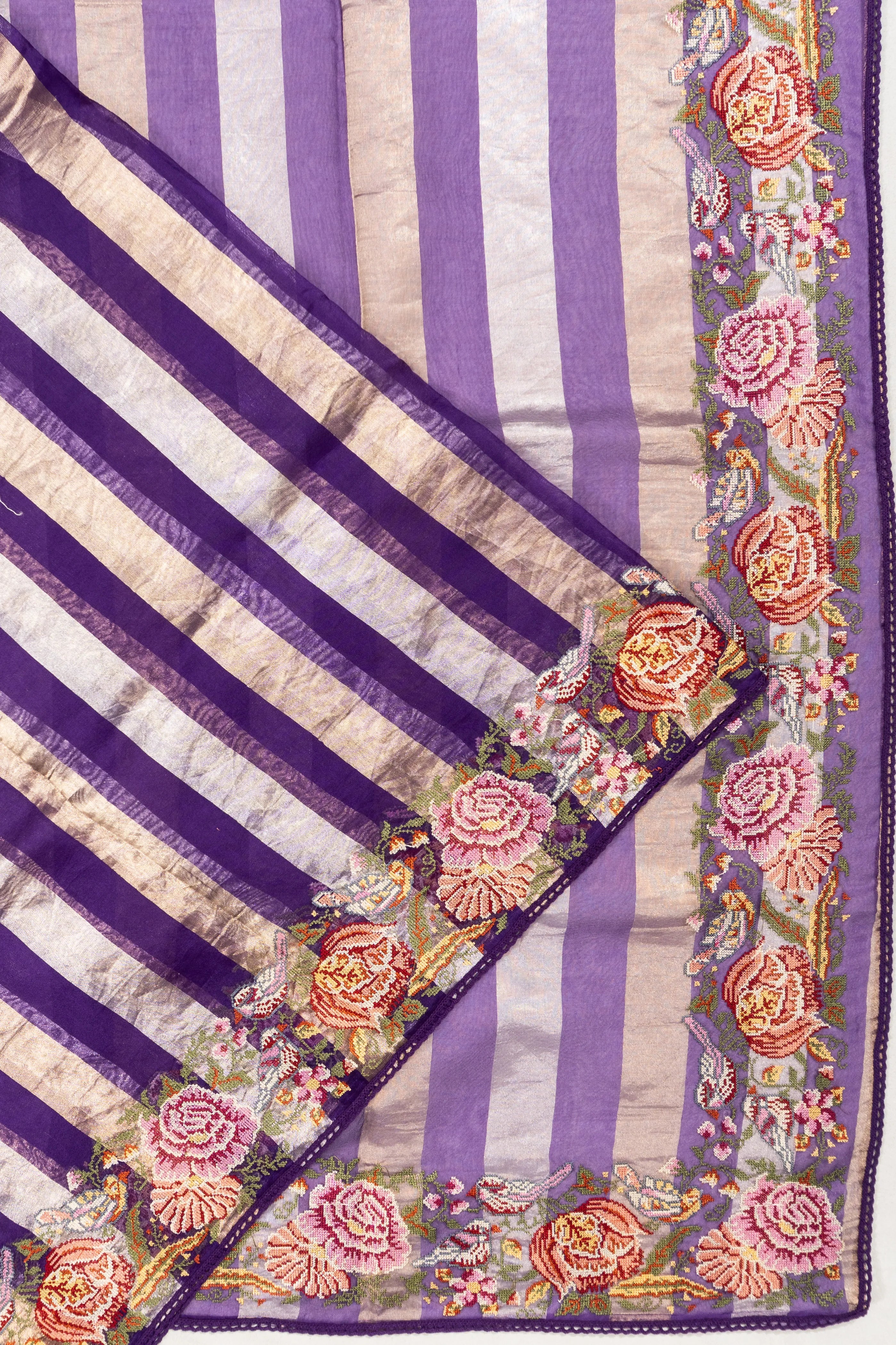 Organza Tissue Lines Violet Saree With Embroidery Border
