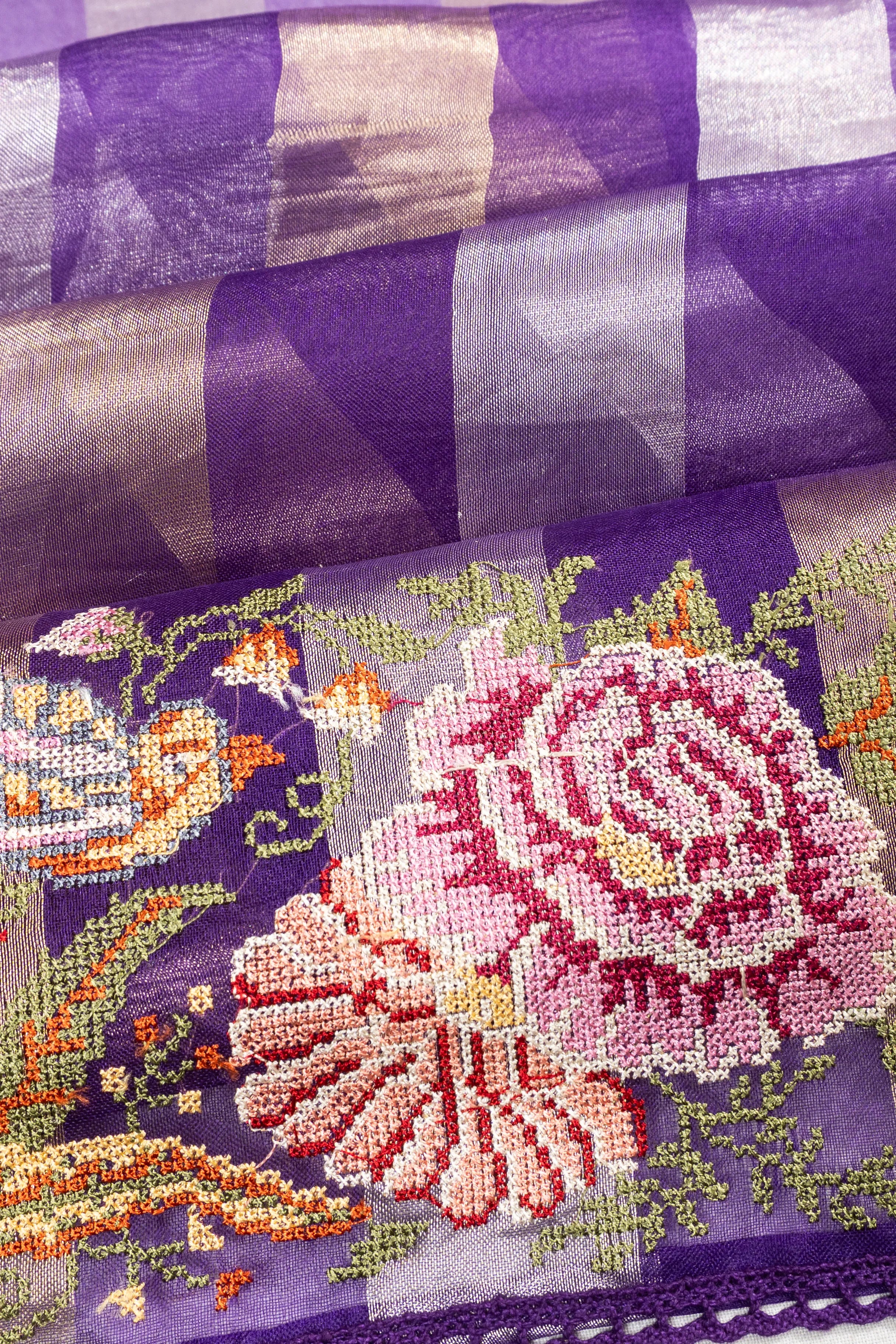 Organza Tissue Lines Violet Saree With Embroidery Border