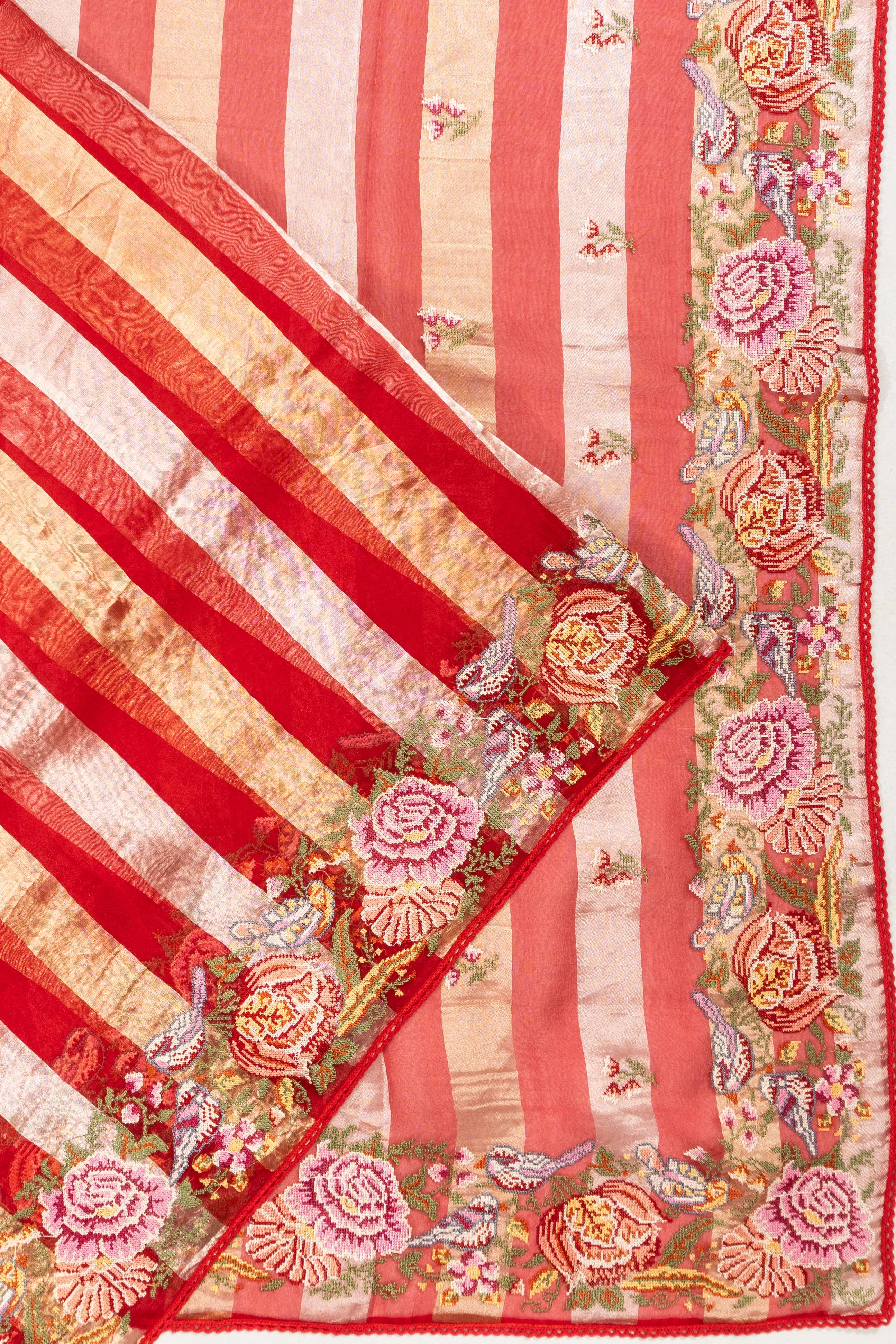 Organza Tissue Lines Red Saree With Embroidery Border