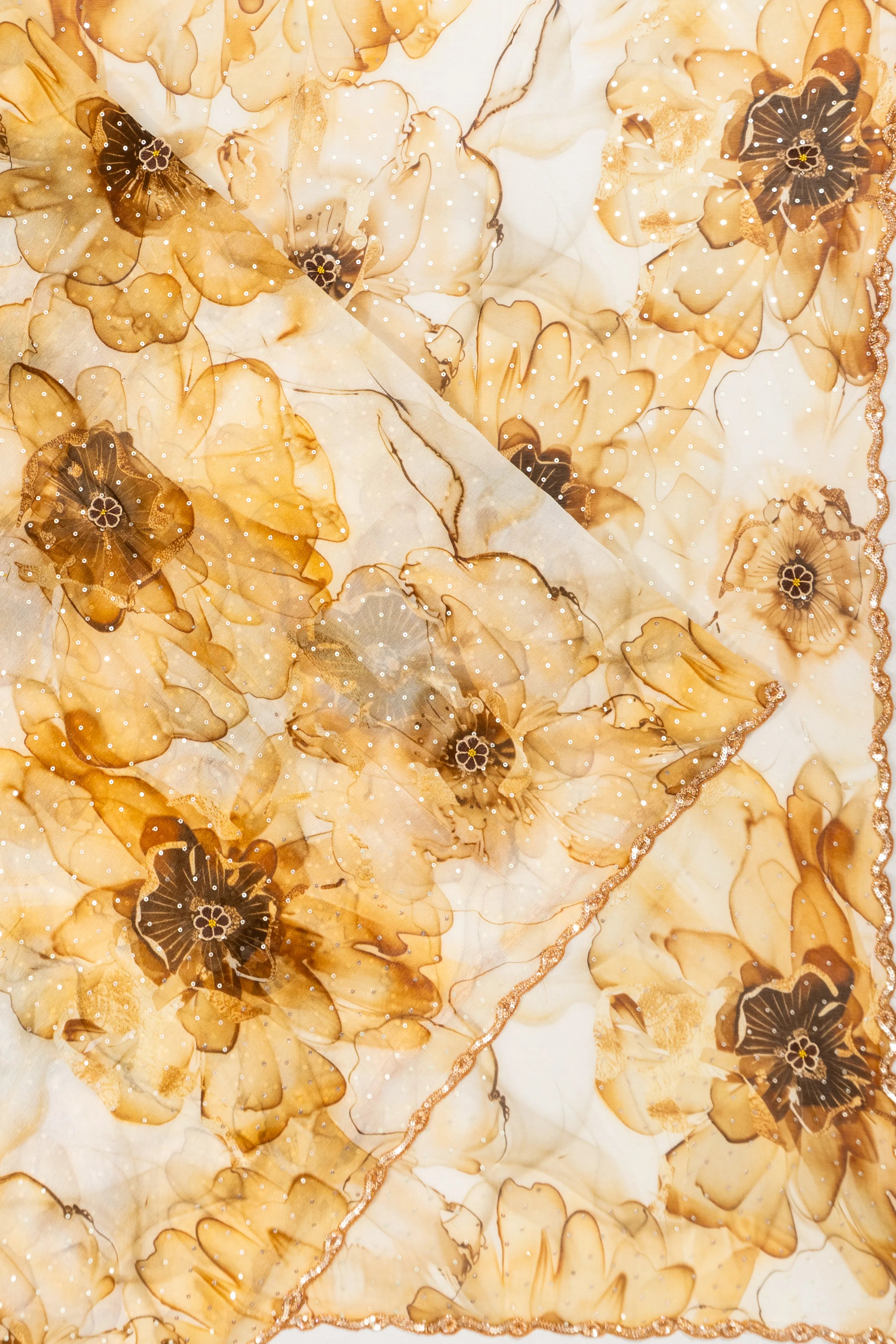 Organza Printed Sequins Yellow Saree