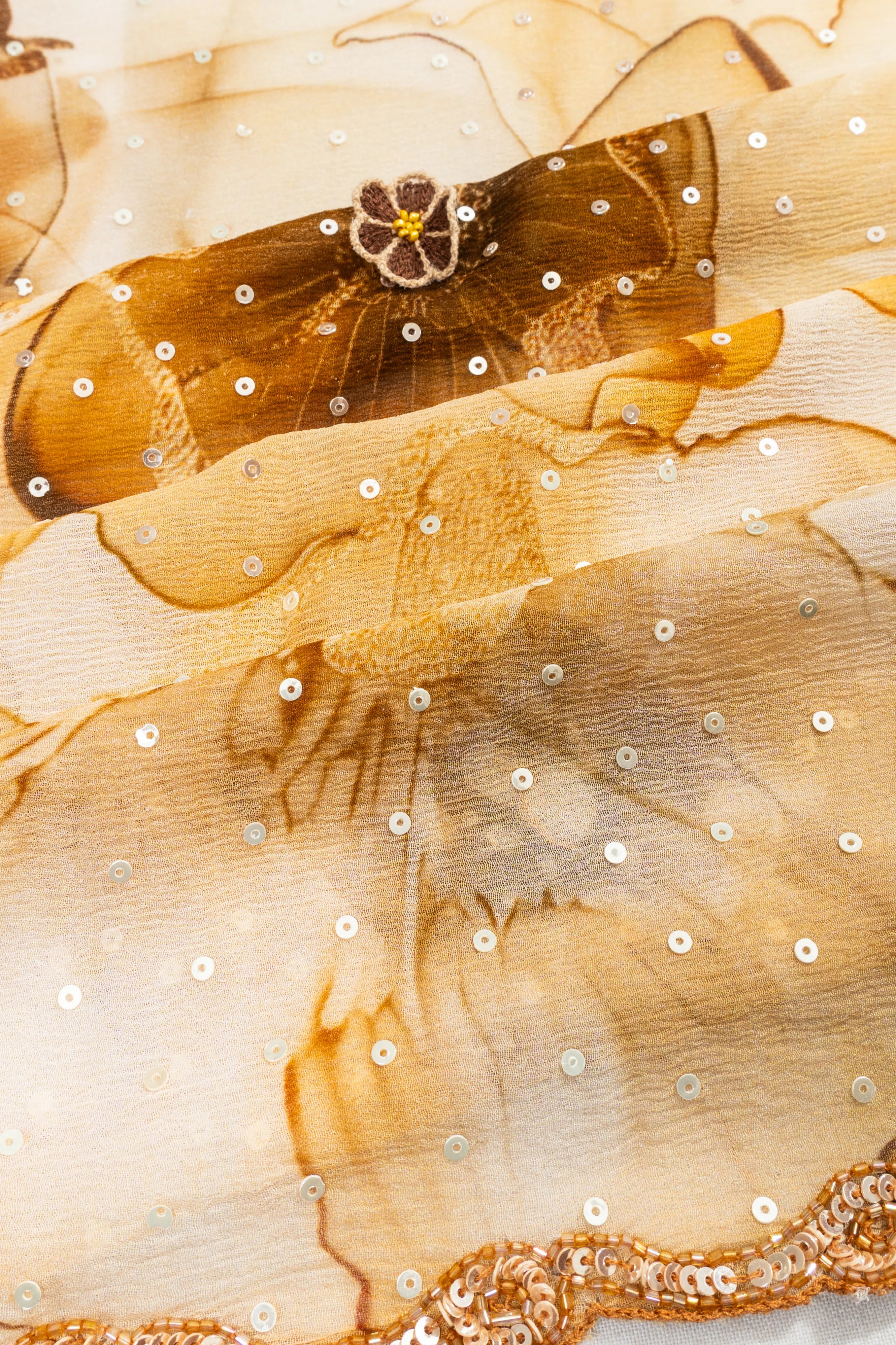 Organza Printed Sequins Yellow Saree