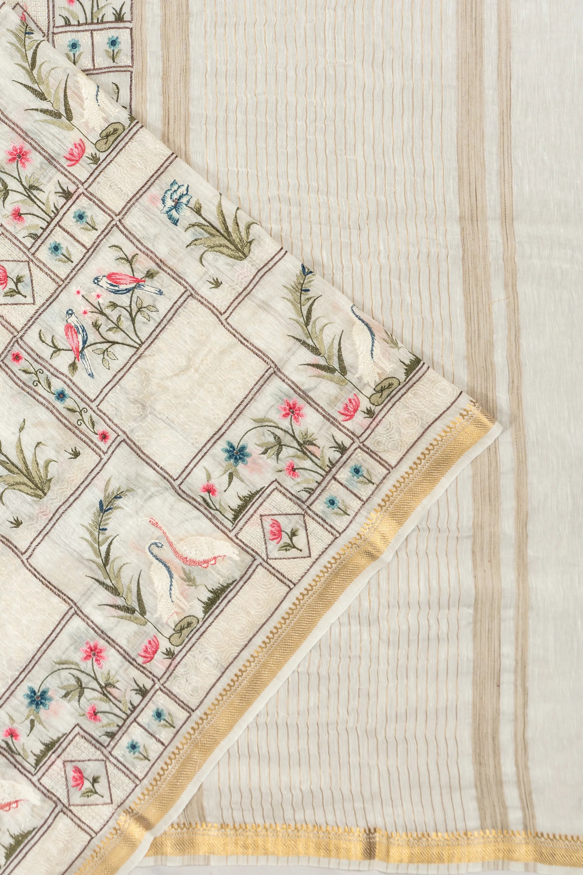 Linen Floral Embroidery Cream Saree