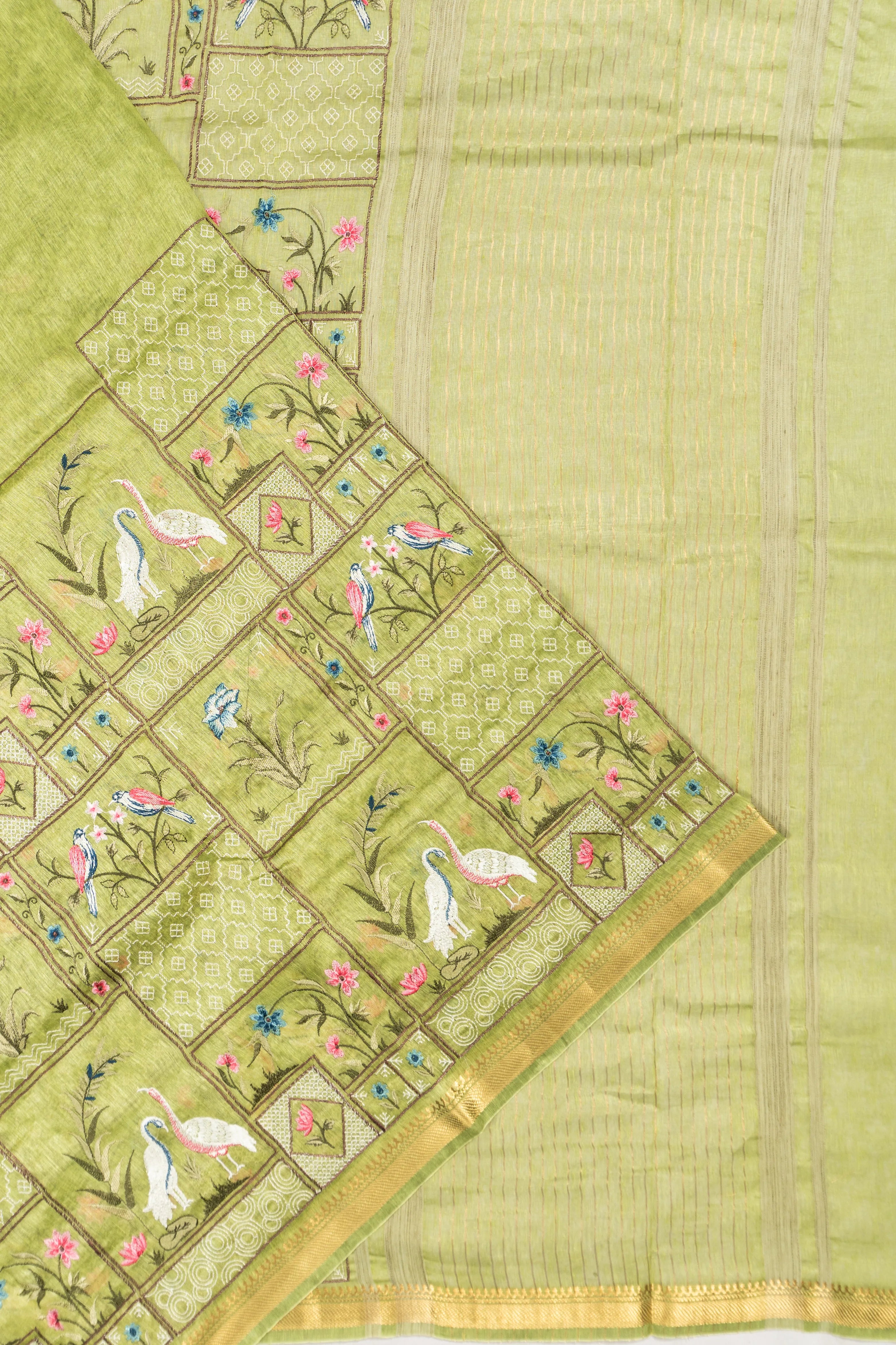 Linen Floral Embroidery Green Saree