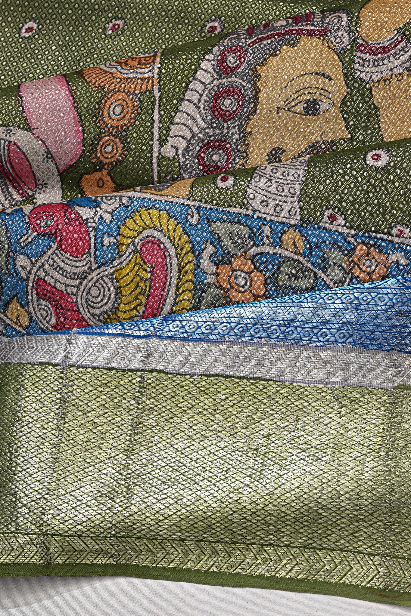 Kanchipuram Silk Kalamkari Handpainted Blue Saree