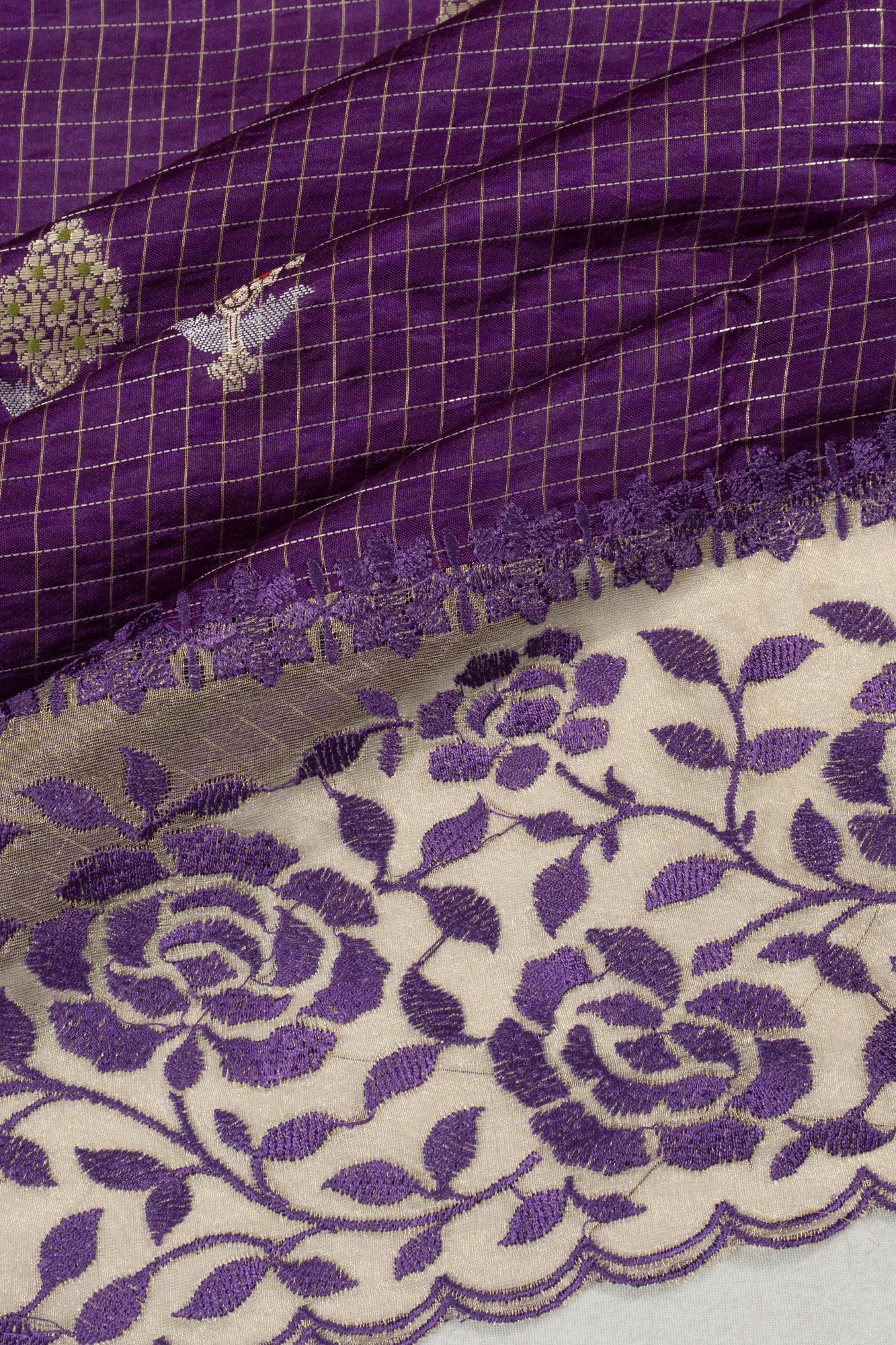 Chiniya Silk Checks And Butta Purple Saree With Organza Embroidery Border