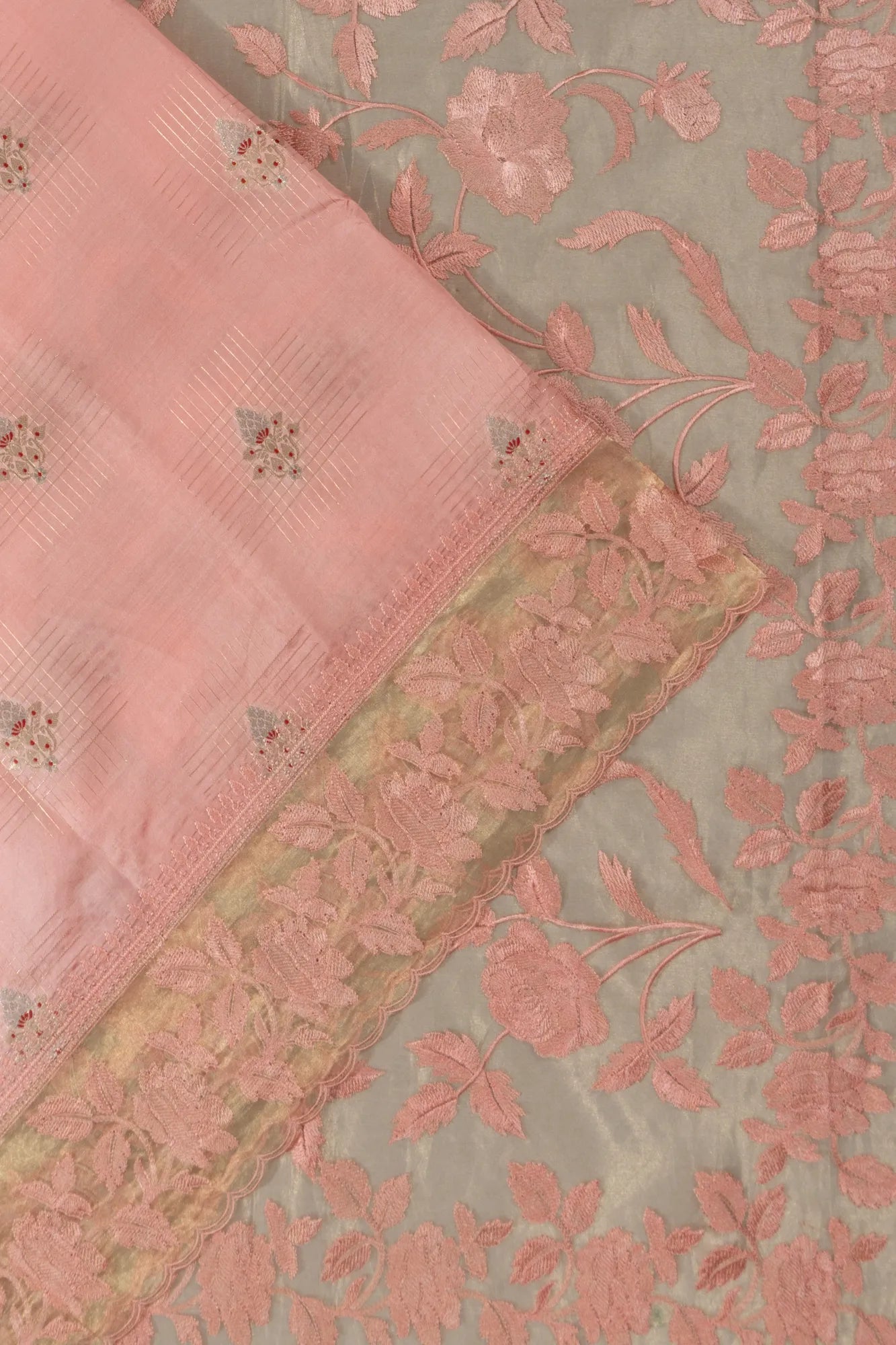 Chiniya Silk Butta Peach Saree With Organza Embroidery Border