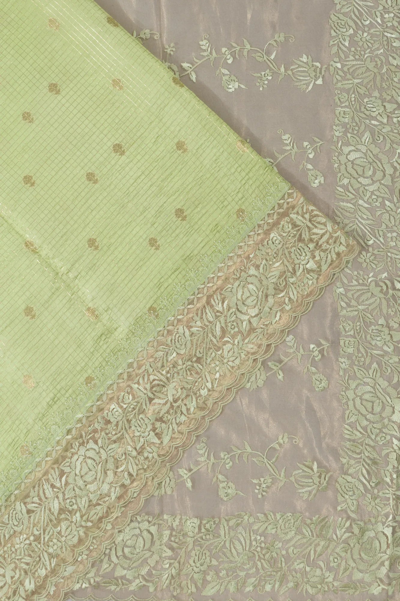 Chiniya Silk Checks And Butta Pista Green Saree With Organza Embroidery Border