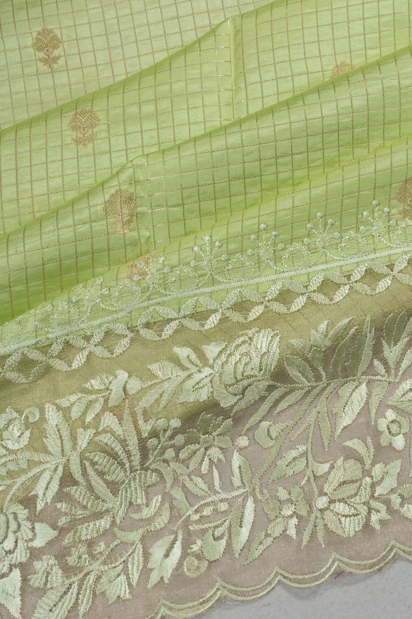 Chiniya Silk Checks And Butta Pista Green Saree With Organza Embroidery Border