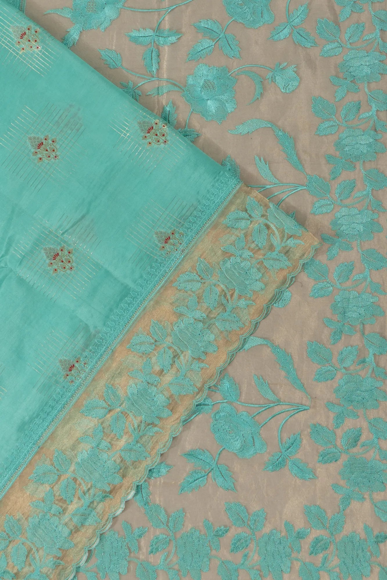 Chiniya Silk Butta Sea Green Saree With Organza Embroidery Border