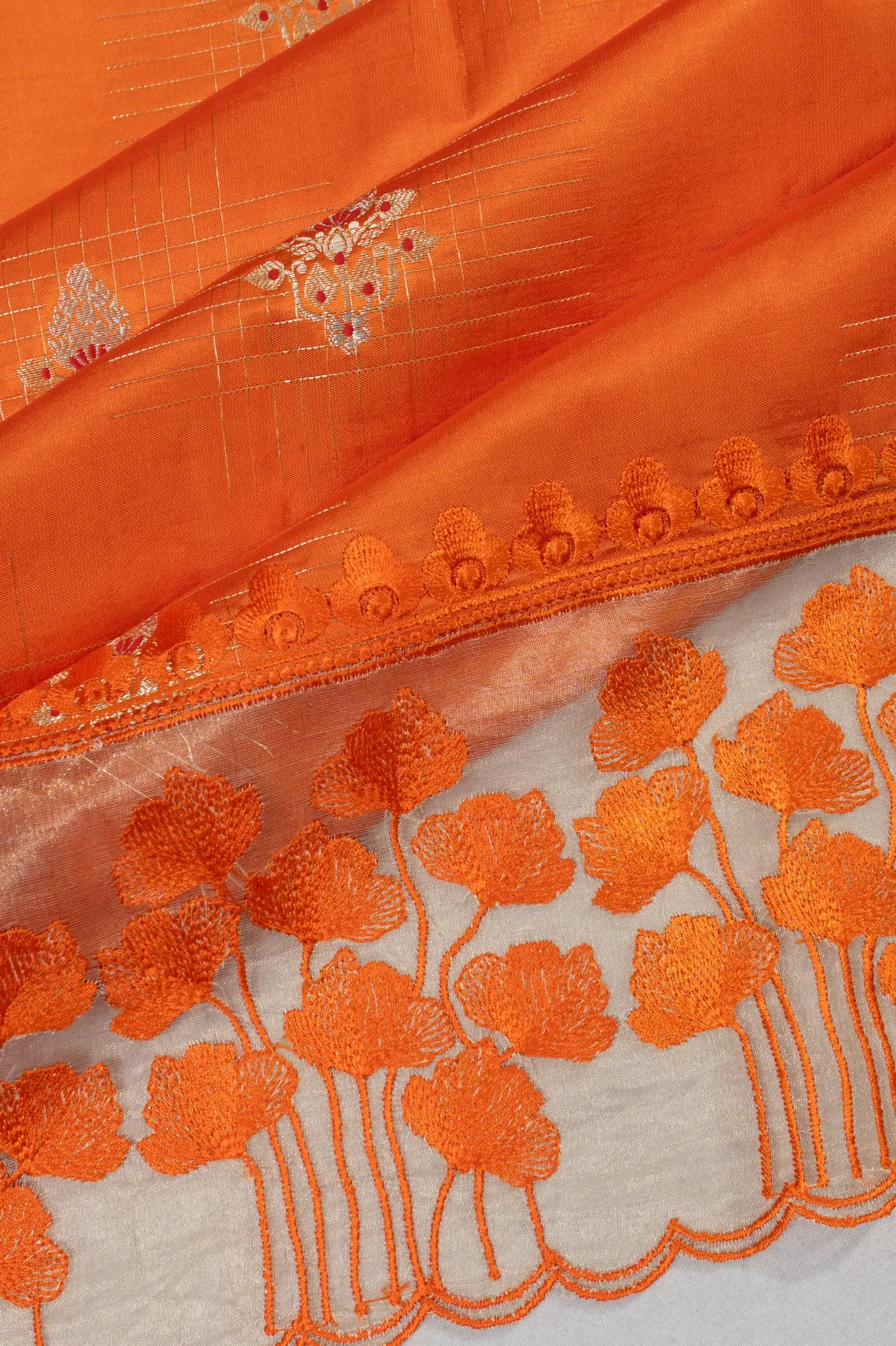 Chiniya Silk Butta Orange Saree With Organza Embroidery Border