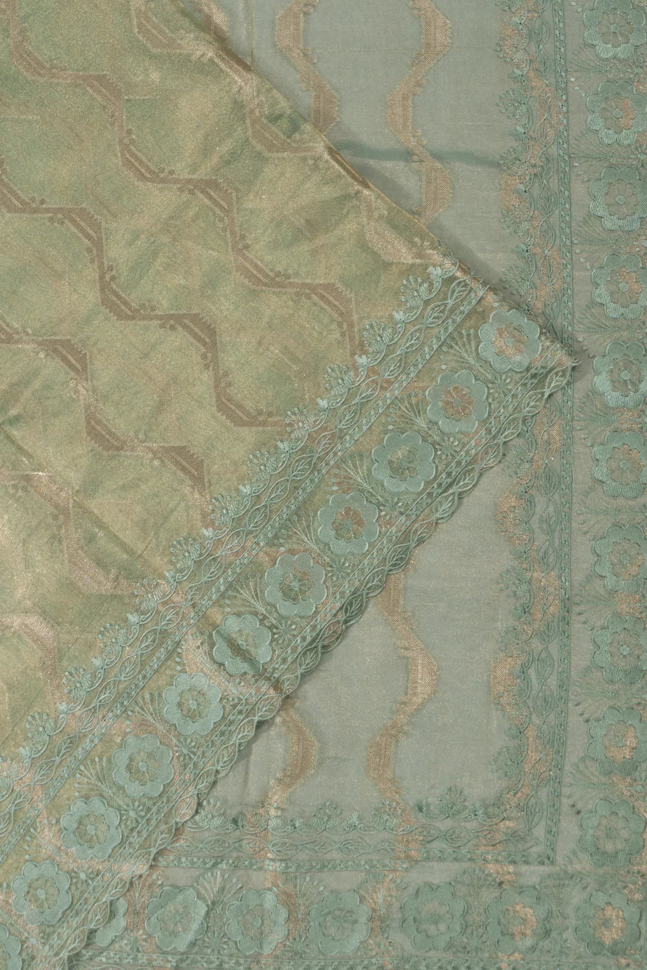 Organza Tissue Brocade Pastel Green Saree With Embroidery Lace Border