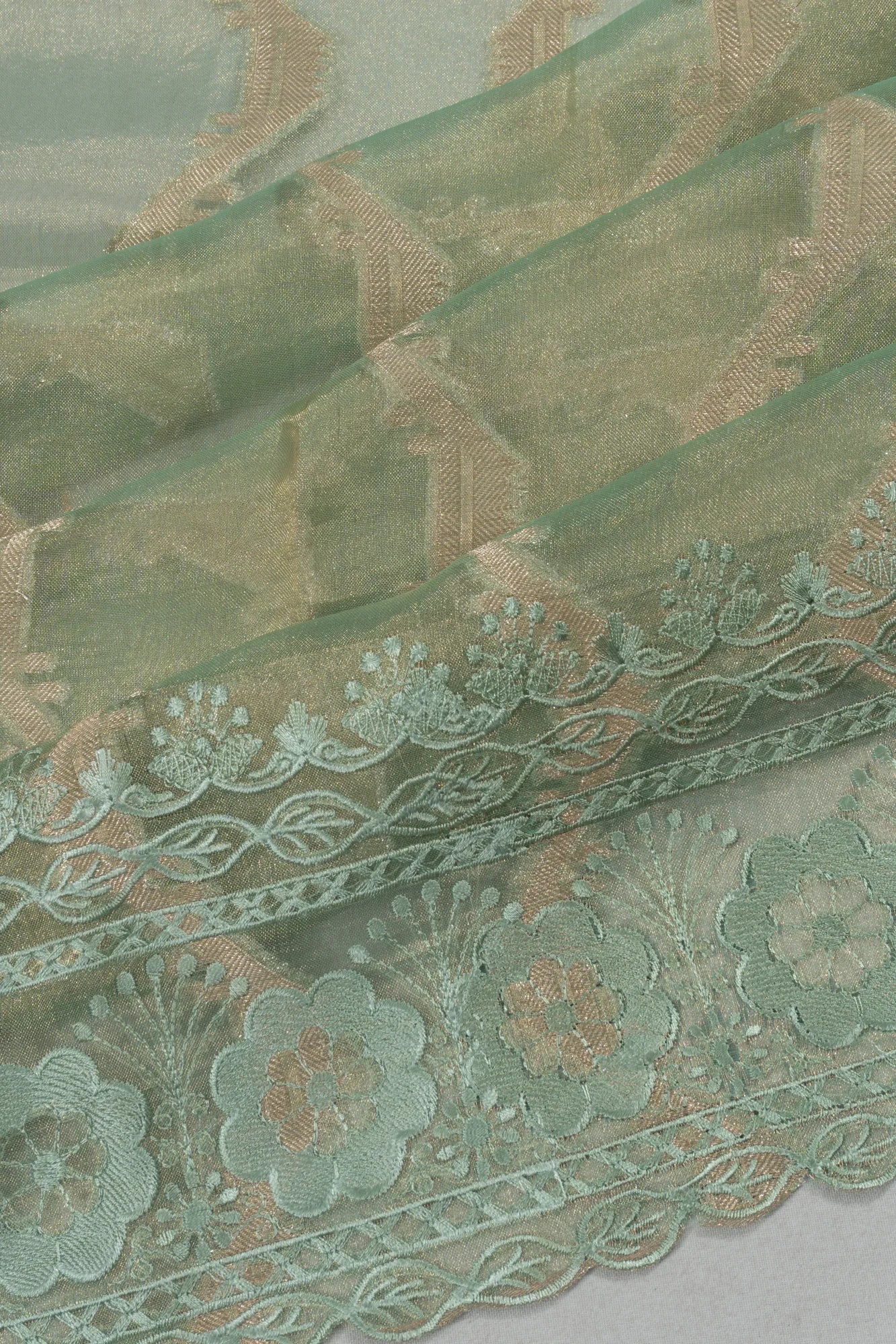 Organza Tissue Brocade Pastel Green Saree With Embroidery Lace Border