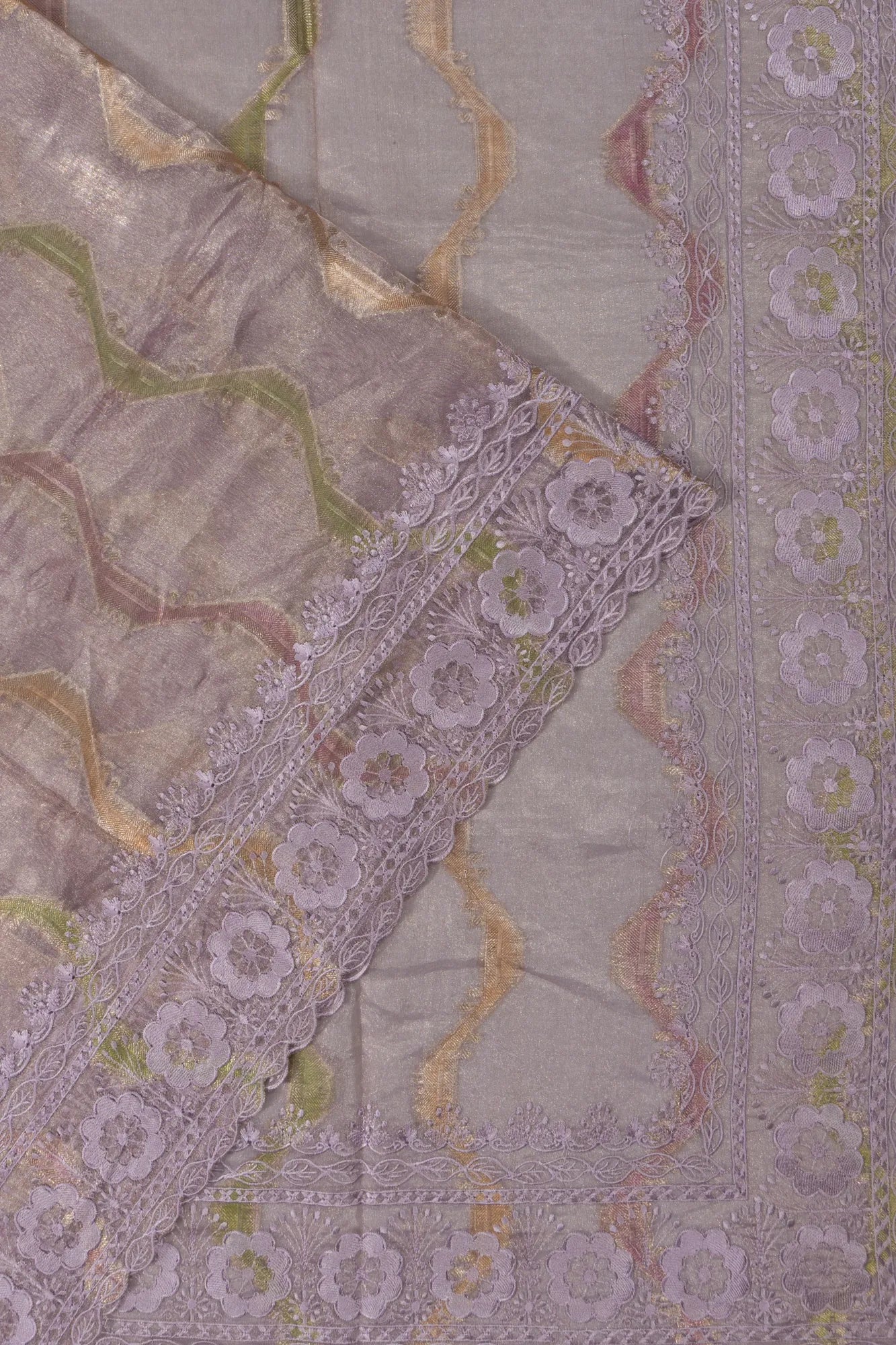 Organza Tissue Brocade Lavender Saree With Embroidery Lace Border