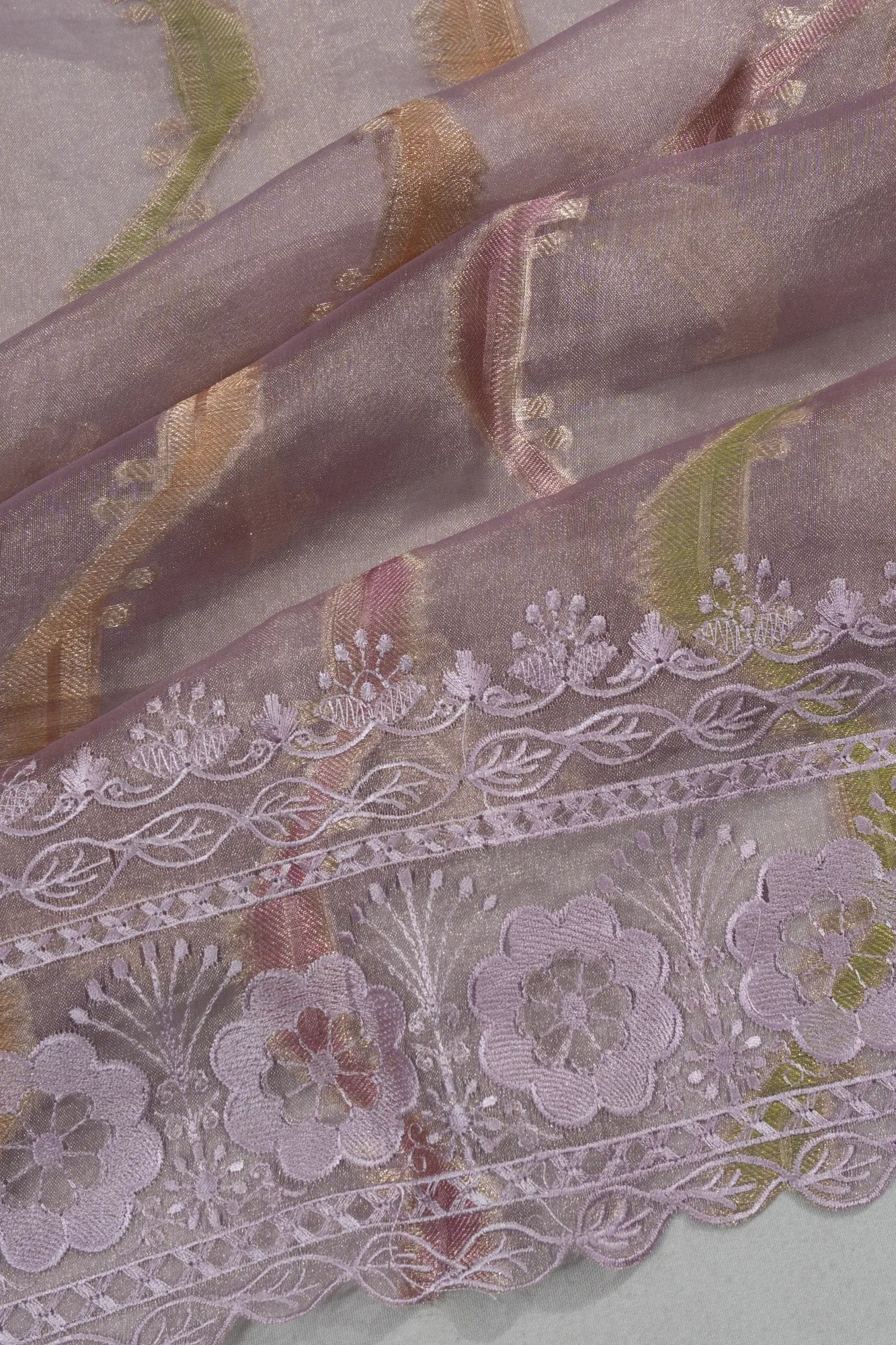 Organza Tissue Brocade Lavender Saree With Embroidery Lace Border