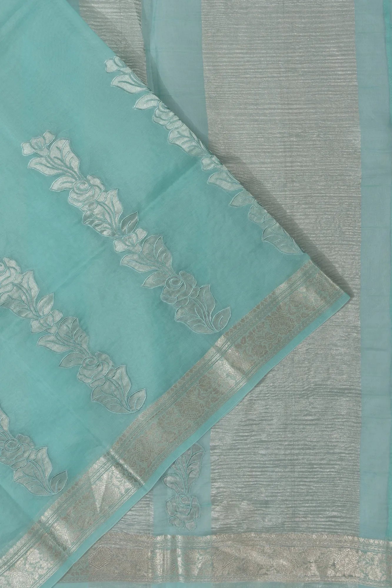 Organza Embroidery Butta Sea Blue Saree