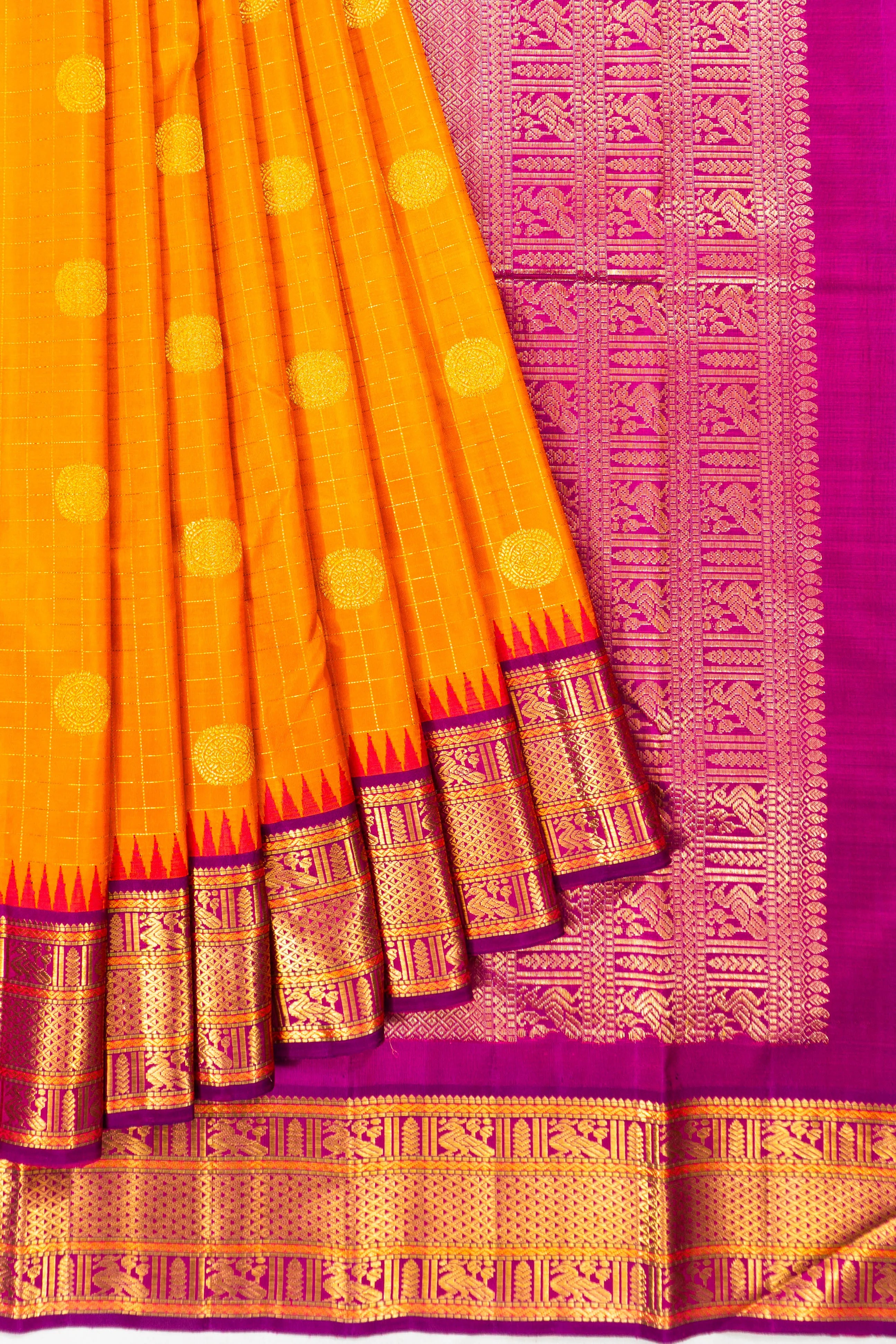 Classic Kanchipuram Silk Checks And Butta Mustard Yellow Saree With Temple Border