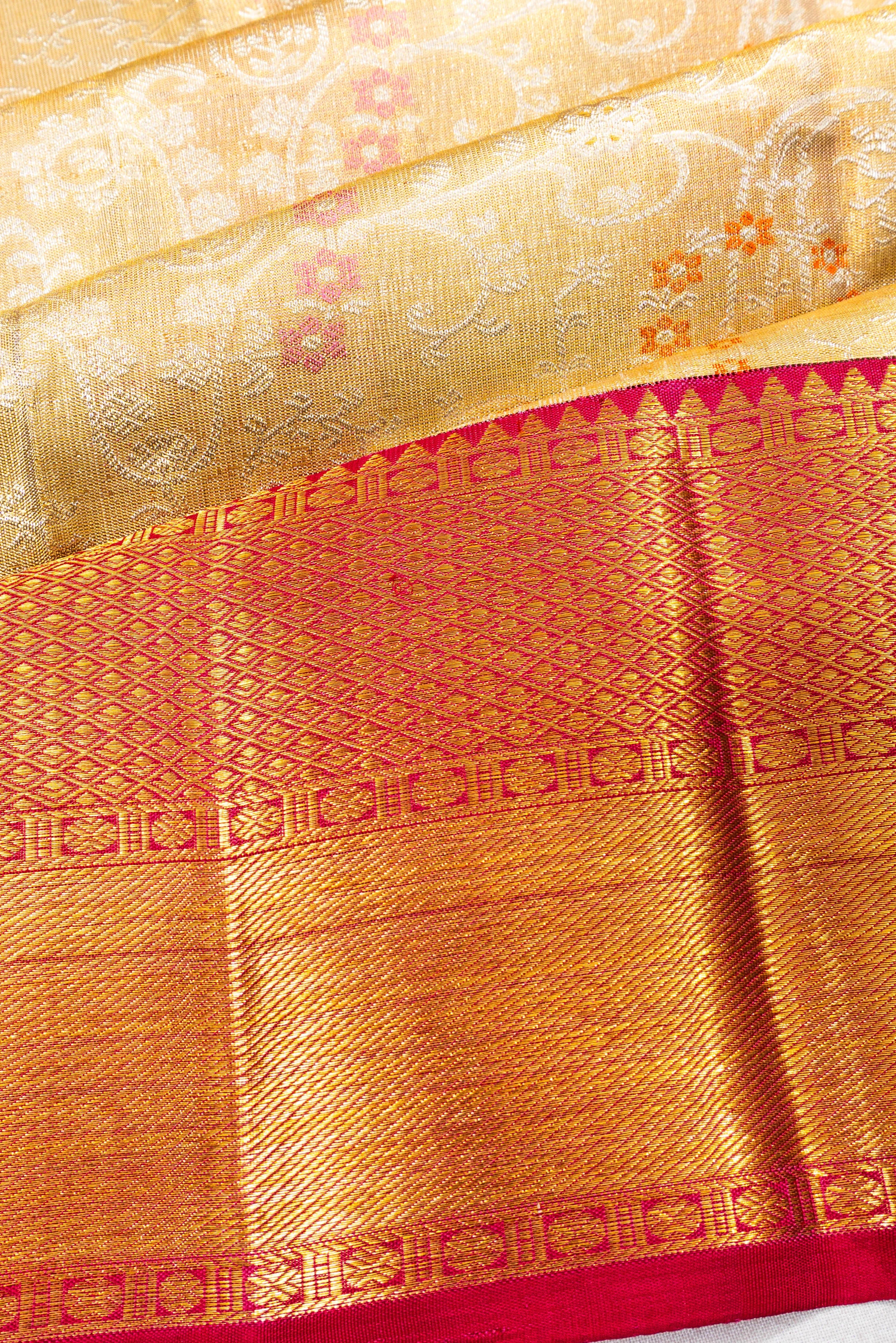 Kanchipuram Silk Tissue Meenakari Brocade Cream Saree
