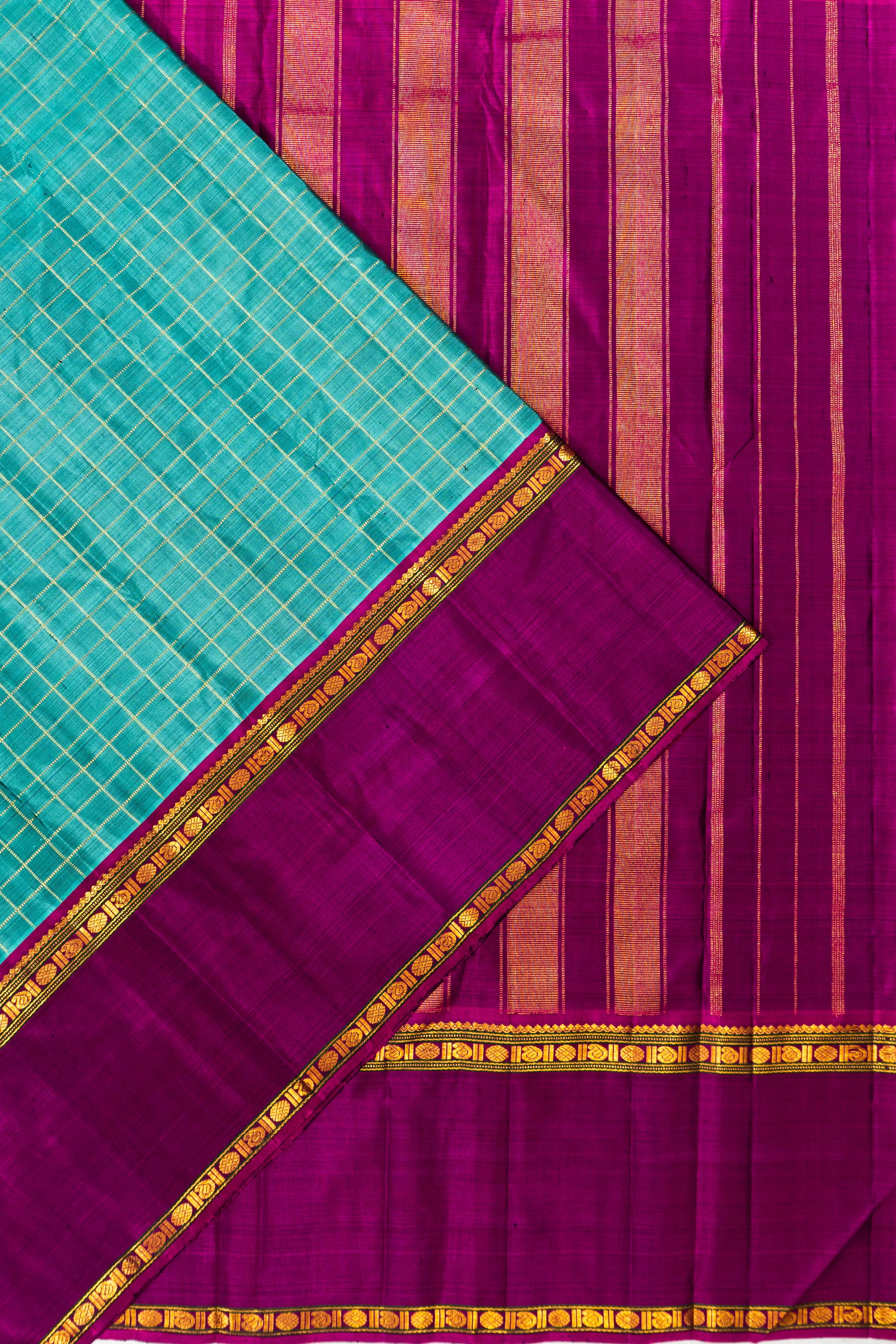Classic Kanchipuram Silk Checks Sea Blue Saree With Rettai Pettu Ganga Jamuna Border