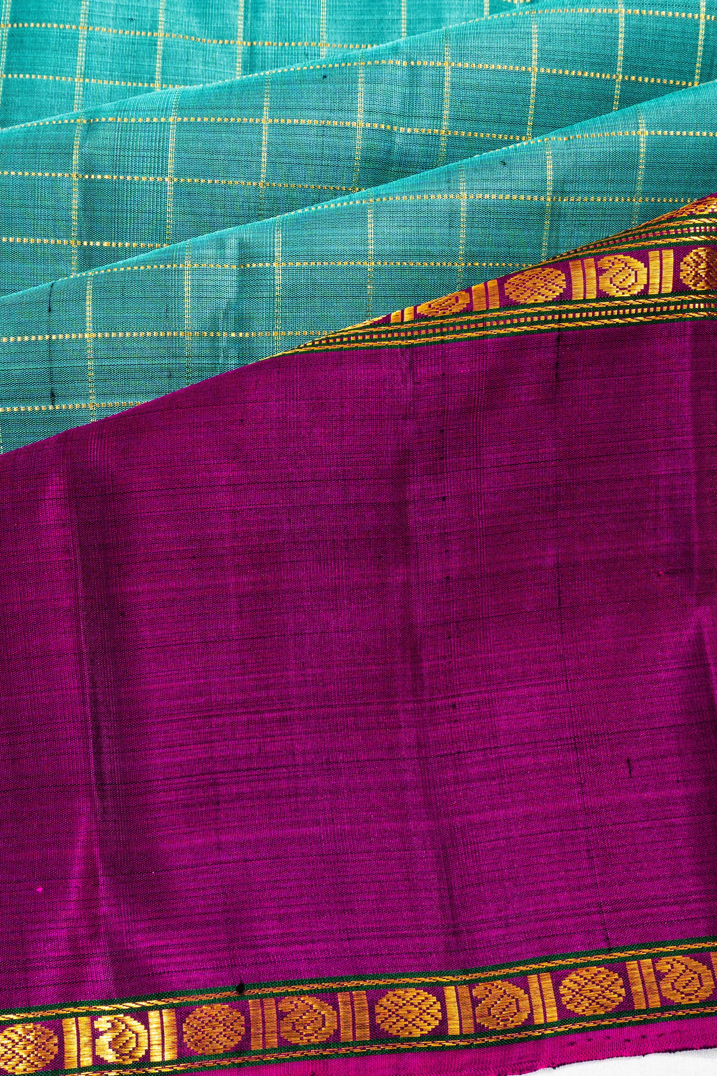 Classic Kanchipuram Silk Checks Sea Blue Saree With Rettai Pettu Ganga Jamuna Border