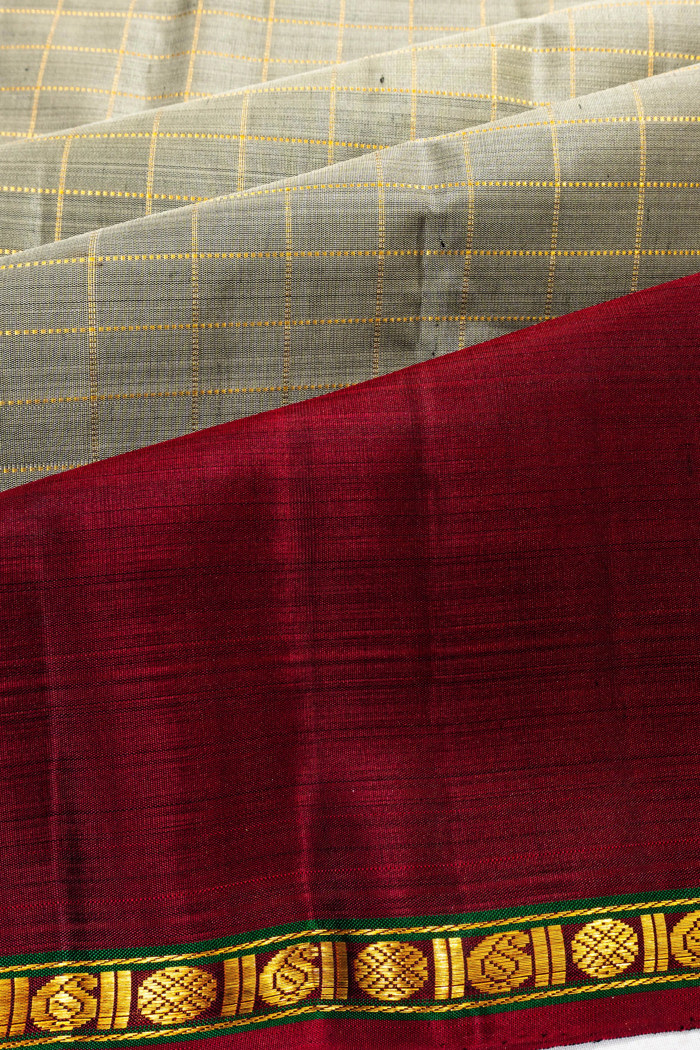 Classic Kanchipuram Silk Checks Beige Saree With Rettai Pettu Ganga Jamuna Border