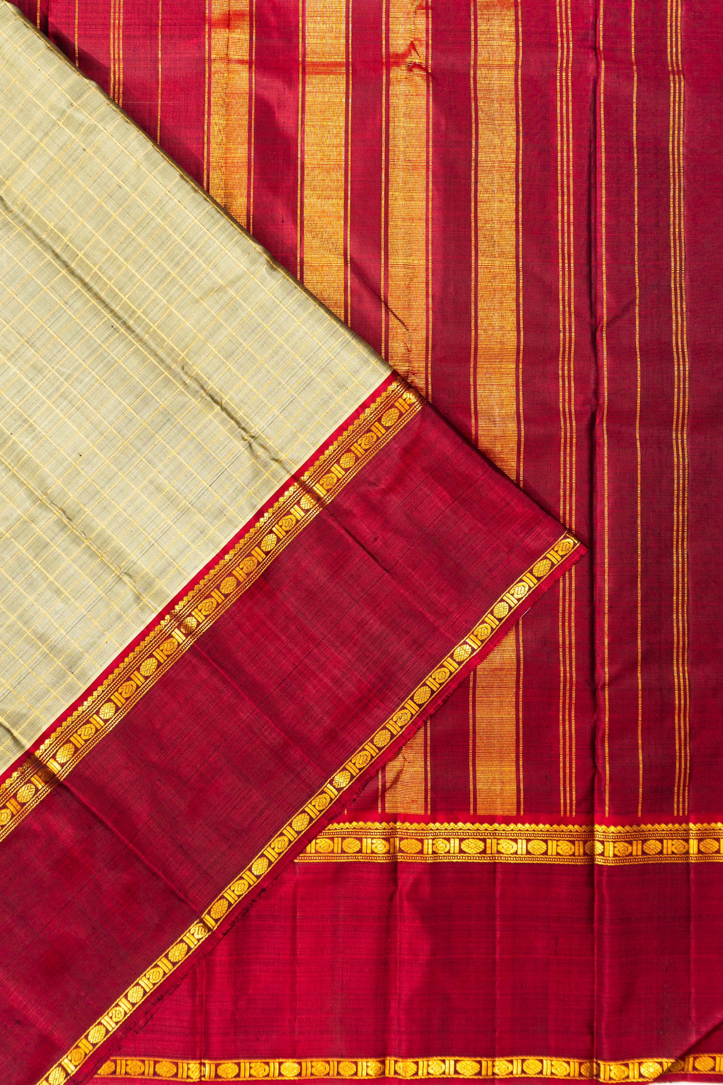 Classic Kanchipuram Silk Checks Cream Saree With Rettai Pettu Ganga Jamuna Border