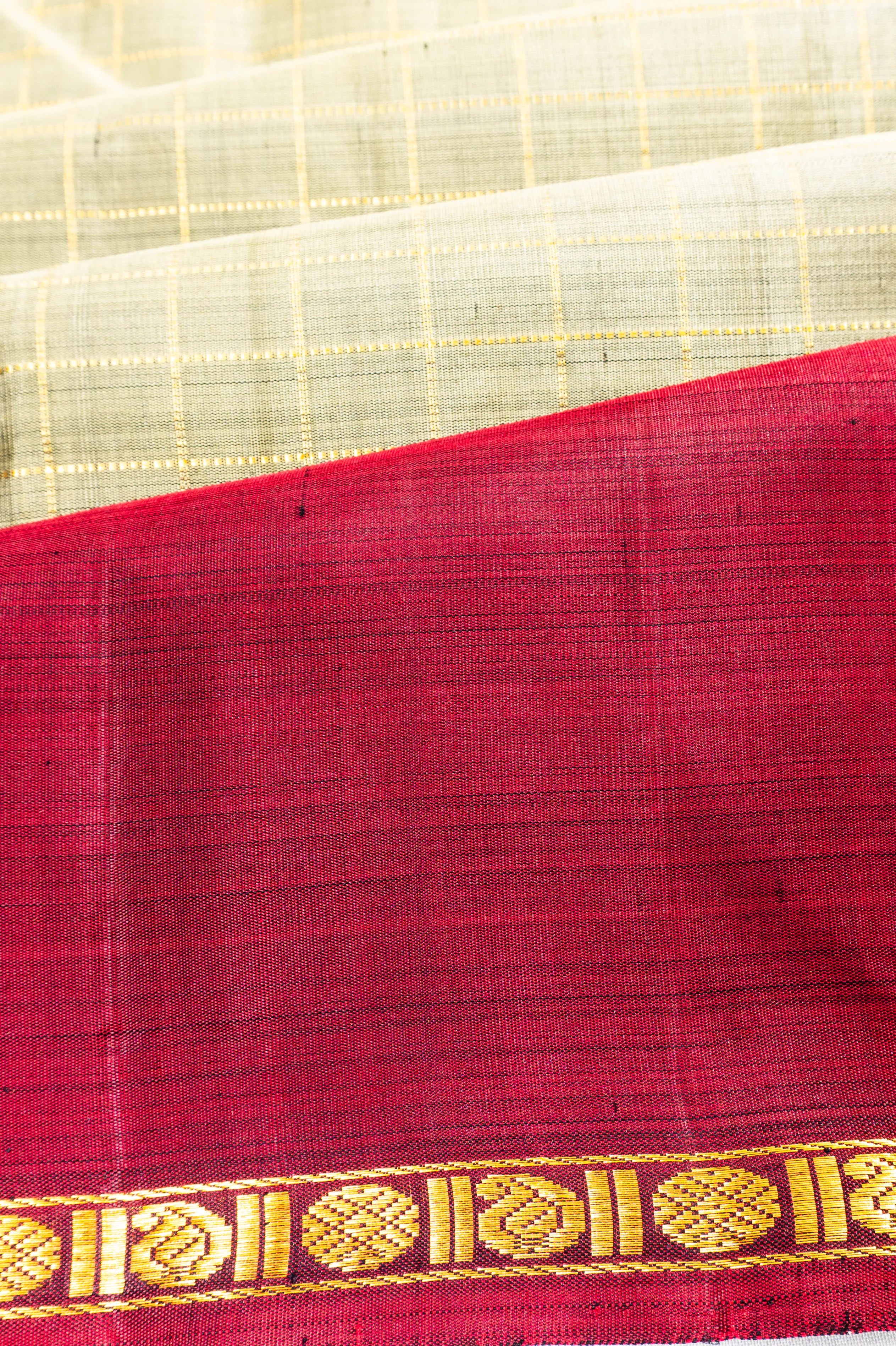 Classic Kanchipuram Silk Checks Cream Saree With Rettai Pettu Ganga Jamuna Border