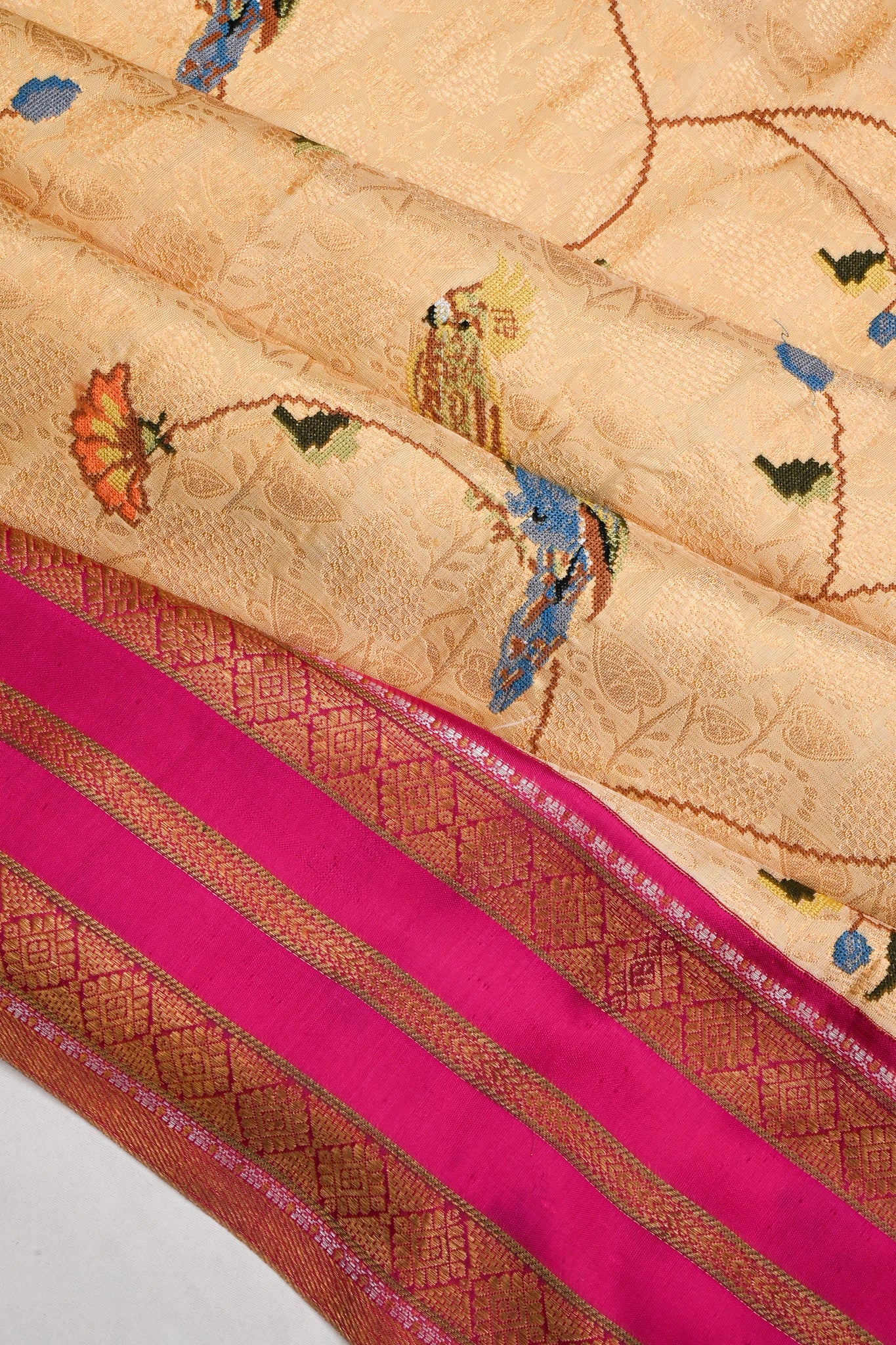 Kanchipuram Silk Brocade With Embroidery Border Cream Saree