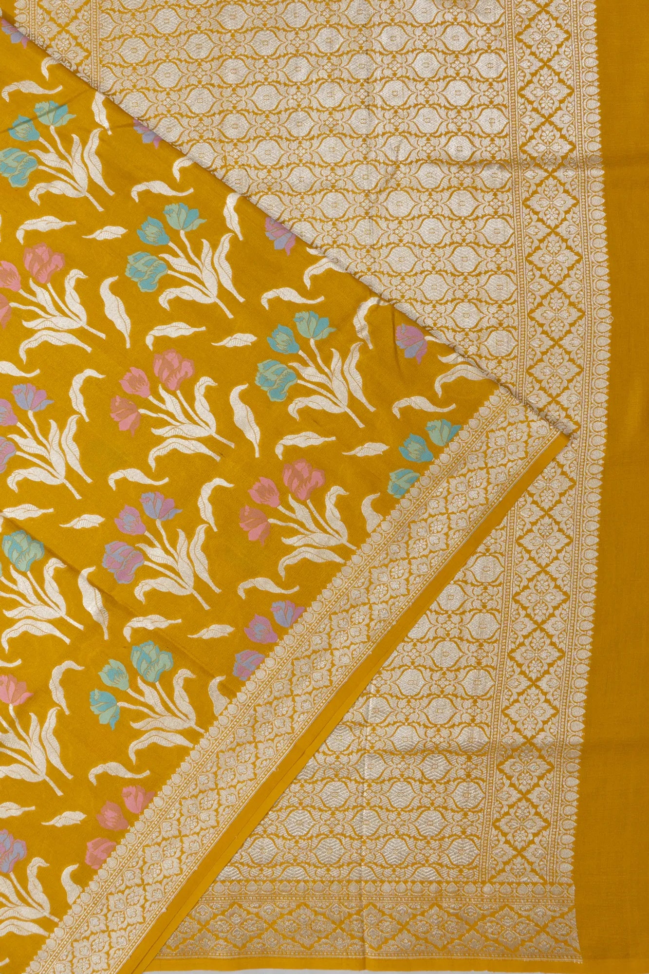 Banarasi Tussar Georgette Jaal Mustard Yellow Saree