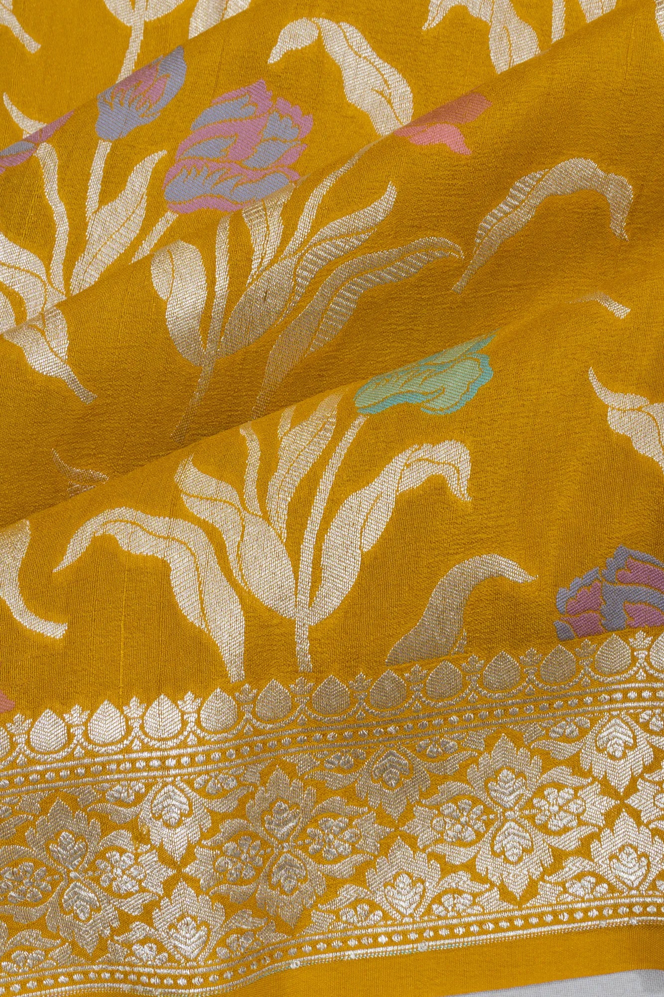 Banarasi Tussar Georgette Jaal Mustard Yellow Saree