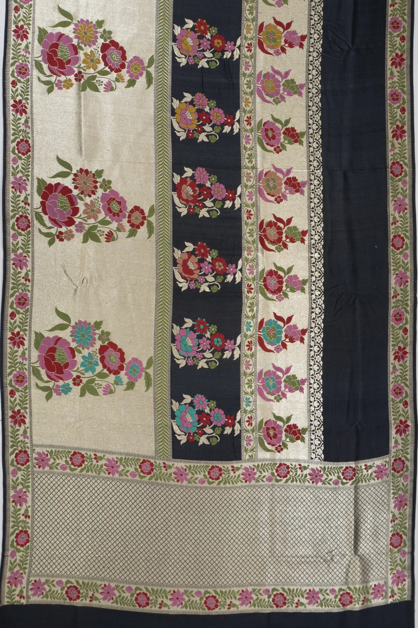 Banarasi Tussar Georgette Jamdani Brocade Half And Half Black Saree