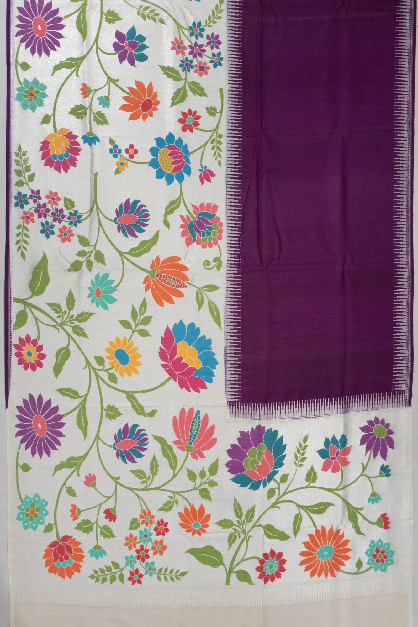 Banarasi Tussar Georgette Jamdani Brocade Half And Half Purple Saree