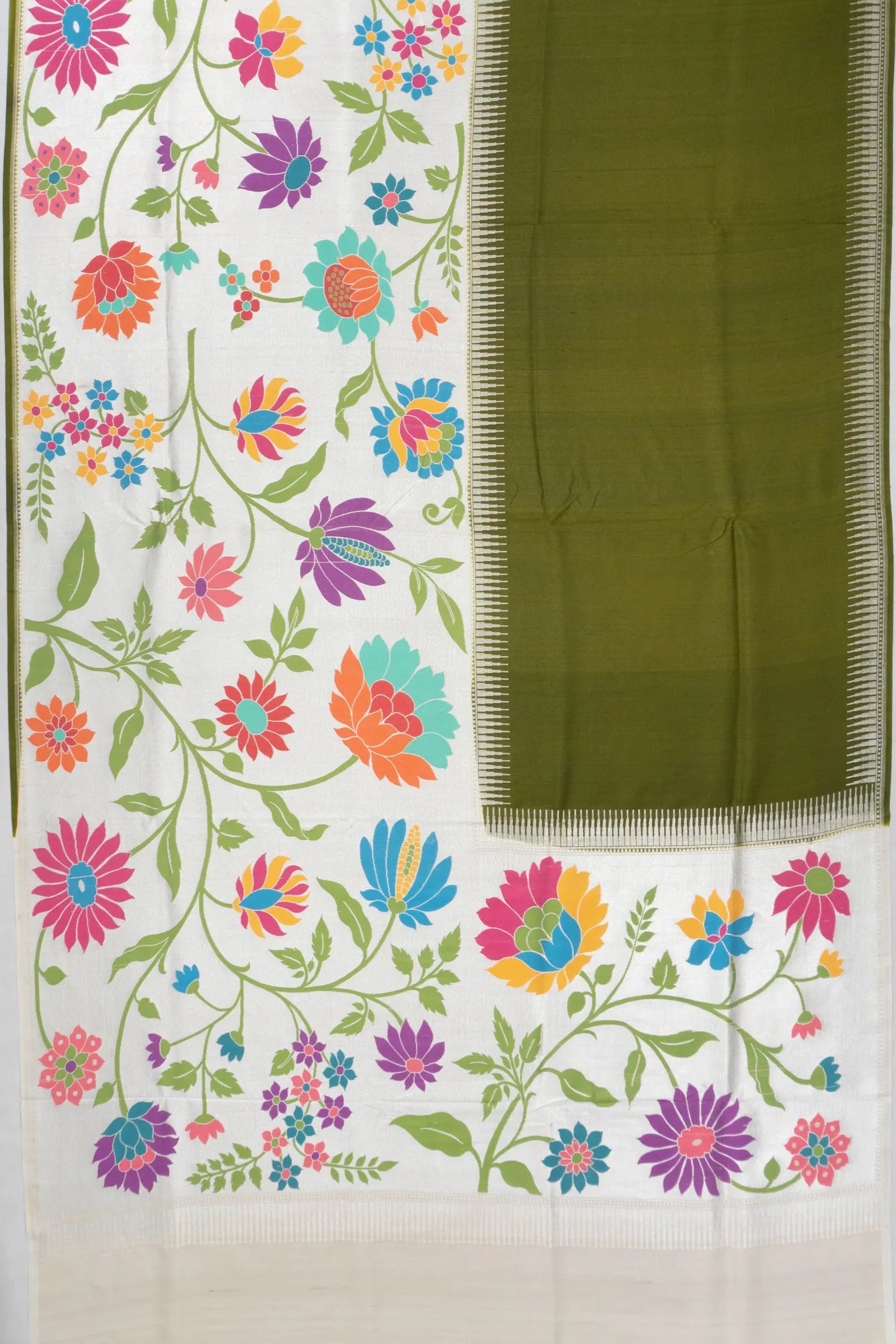 Banarasi Tussar Georgette Jamdani Brocade Half And Half Green Saree