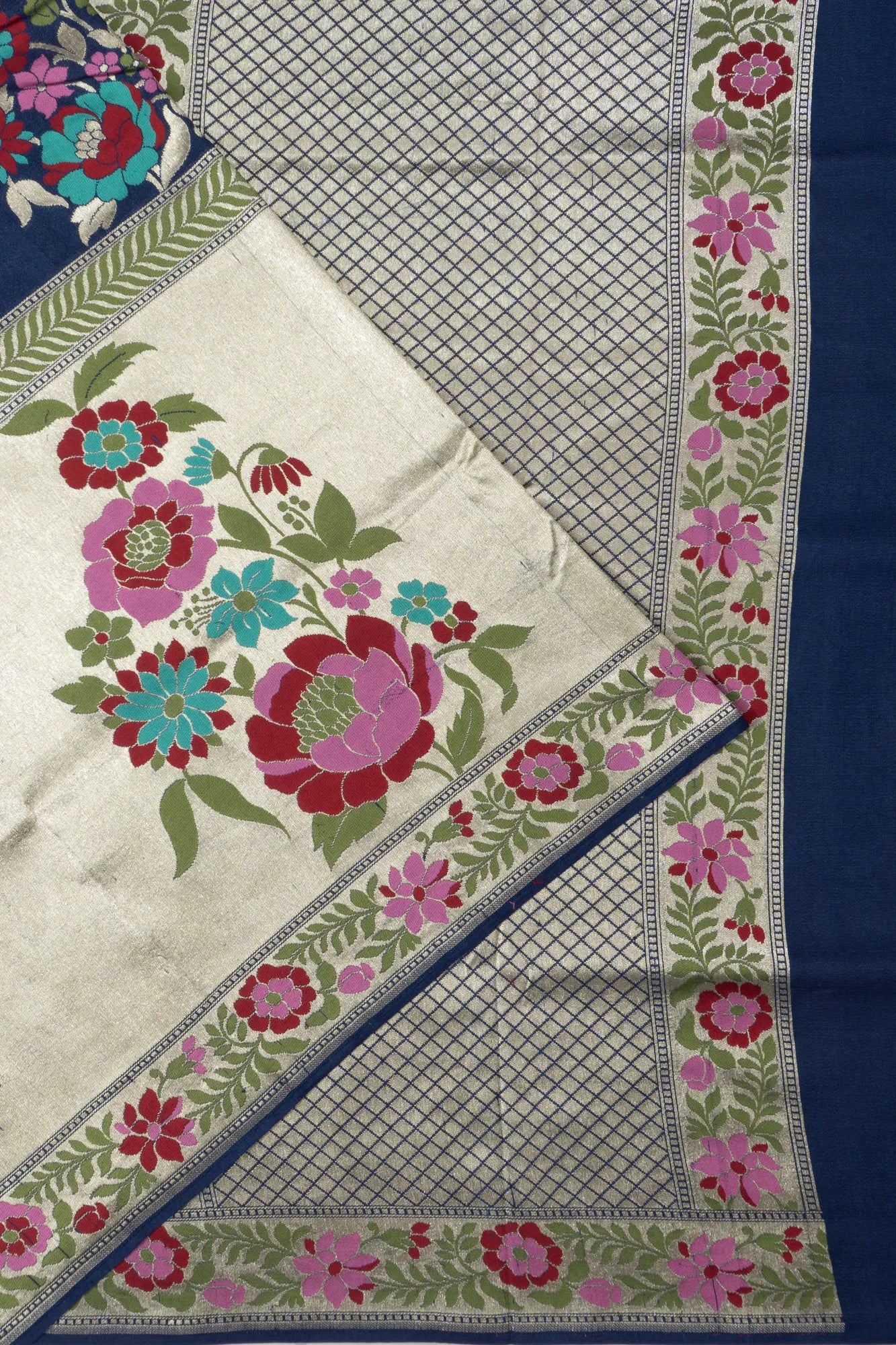 Banarasi Tussar Georgette Jamdani Brocade Half And Half Blue Saree