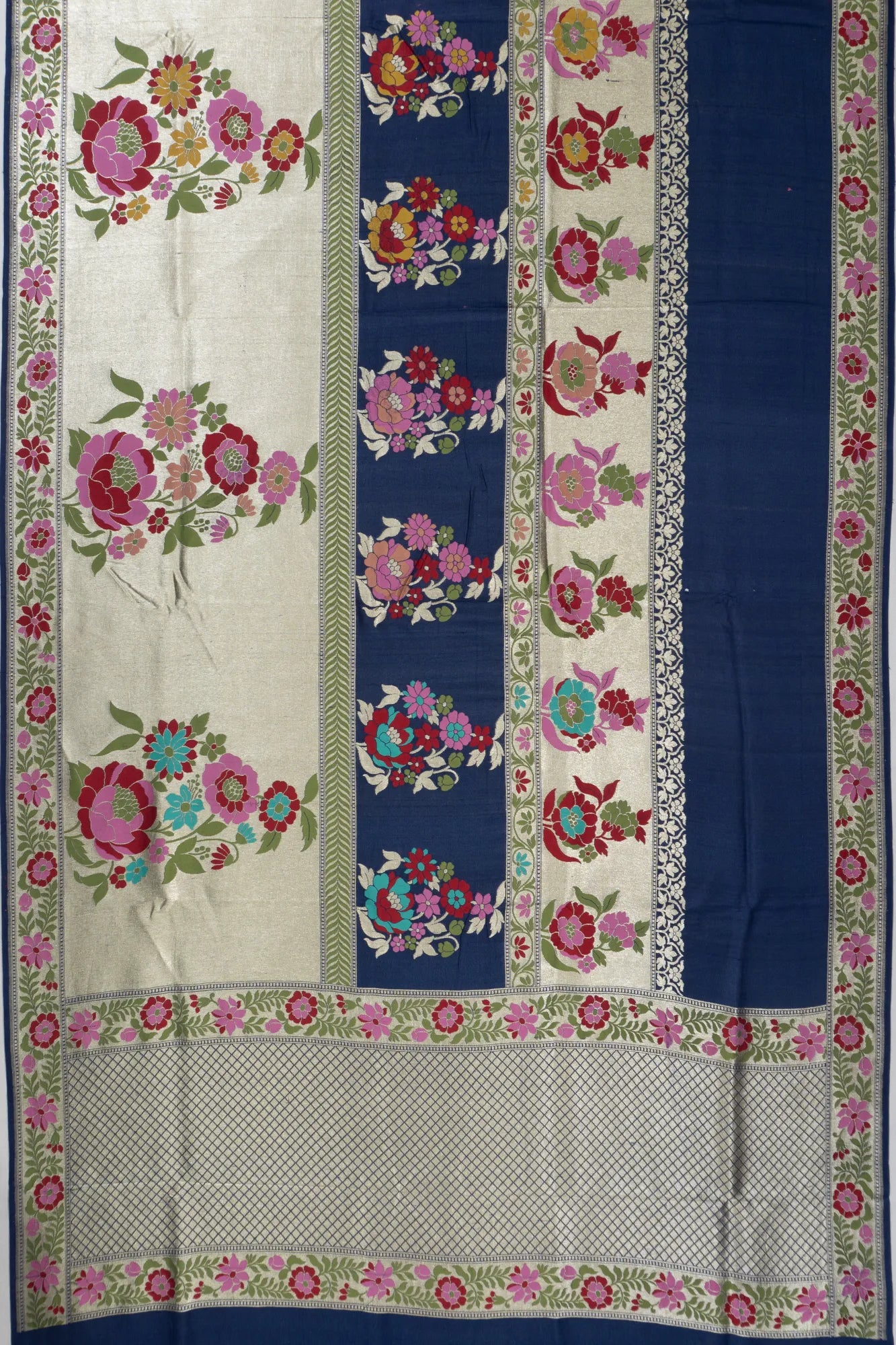 Banarasi Tussar Georgette Jamdani Brocade Half And Half Blue Saree