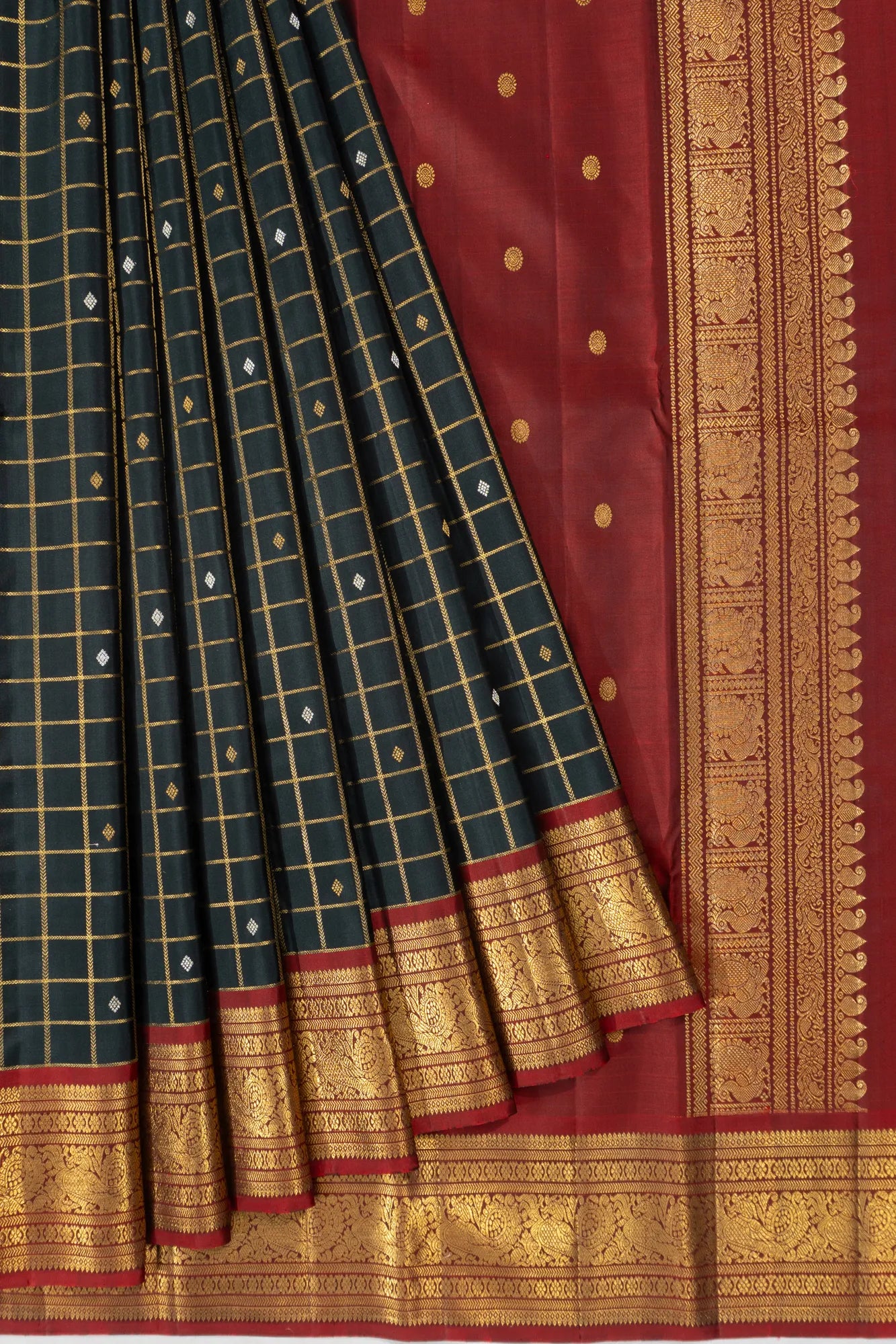 Classic Kanchipuram Silk Checks Butta Black Saree