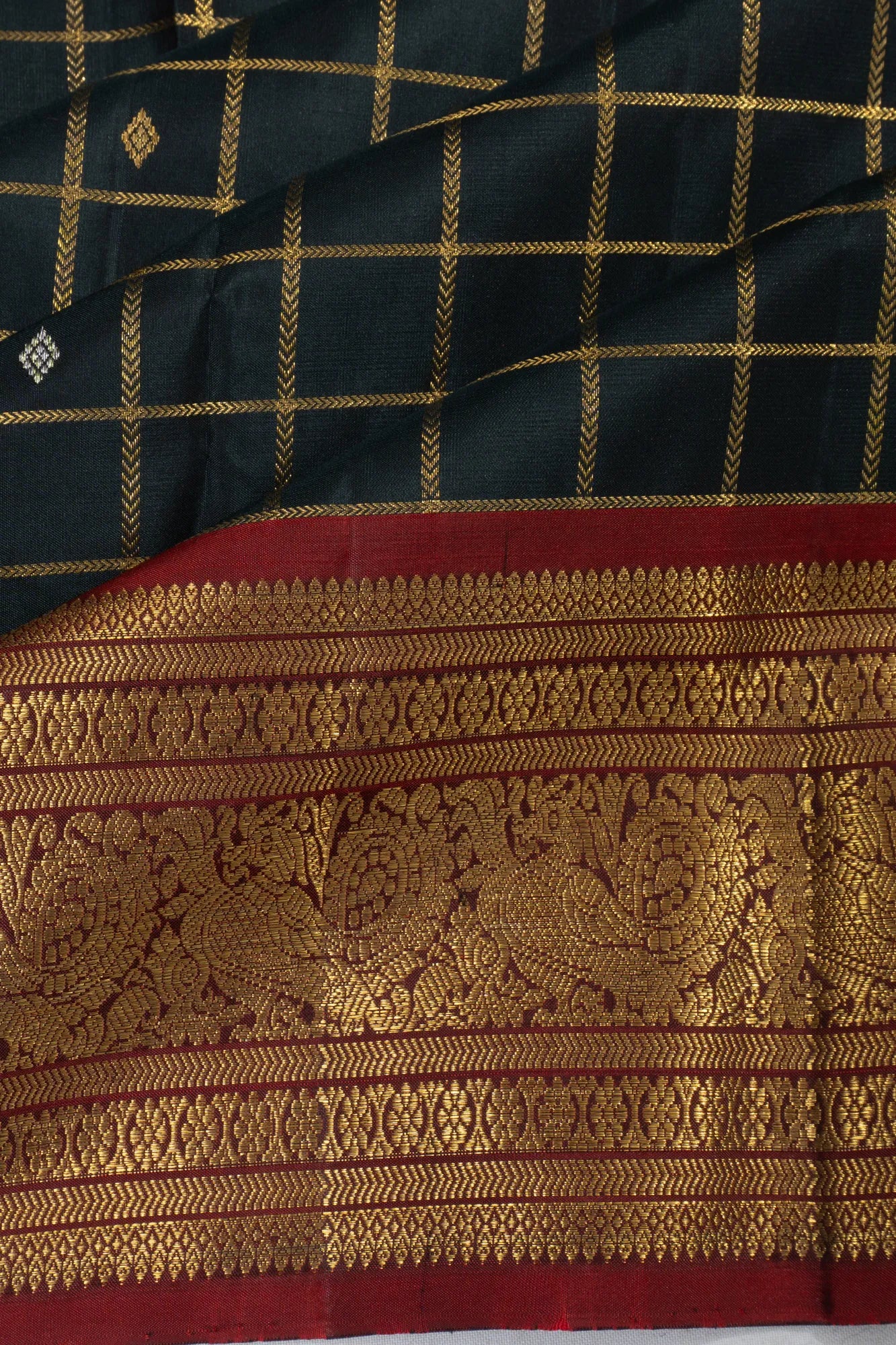 Classic Kanchipuram Silk Checks Butta Black Saree