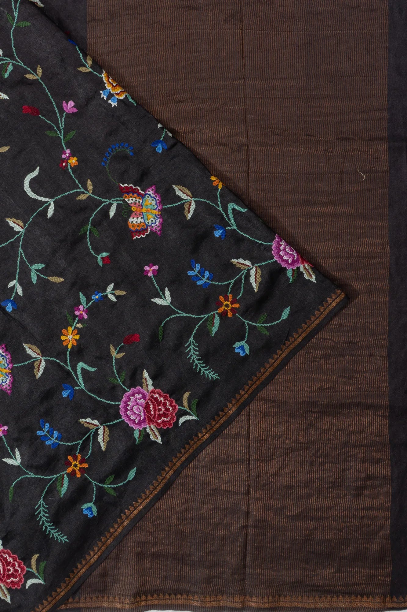 Tussar Floral Embroidery Black Saree