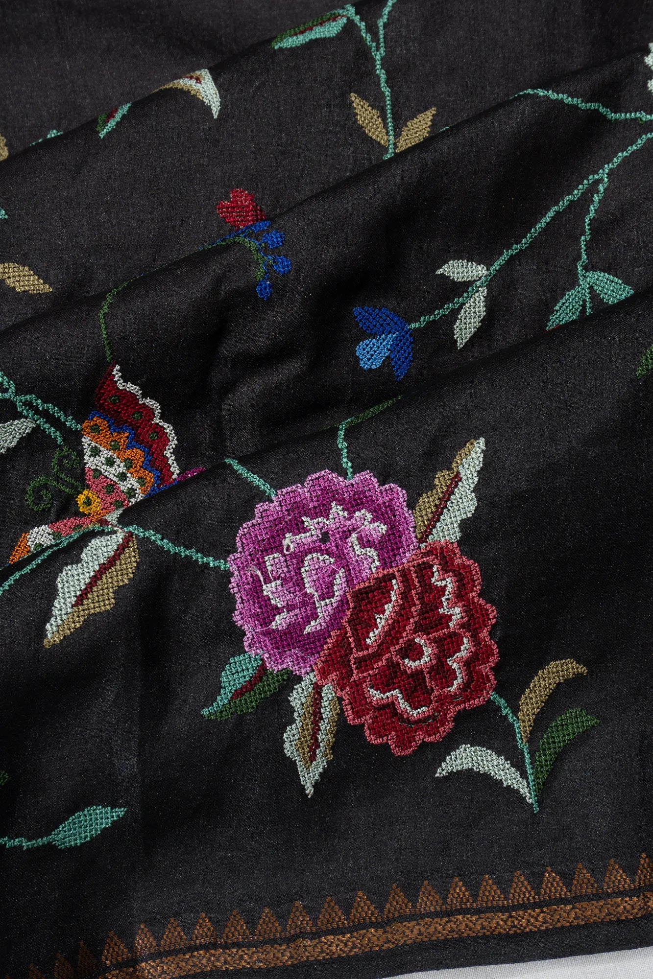Tussar Floral Embroidery Black Saree