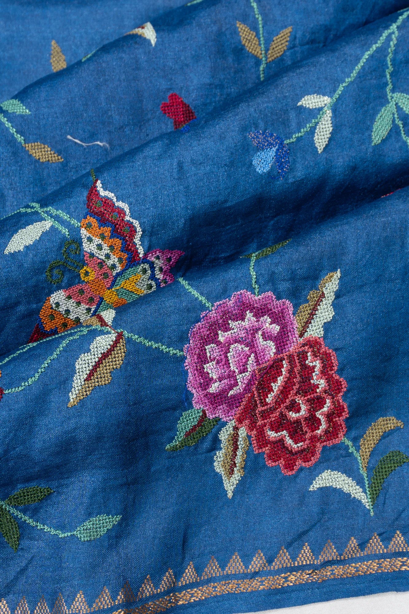 Tussar Floral Embroidery Blue Saree