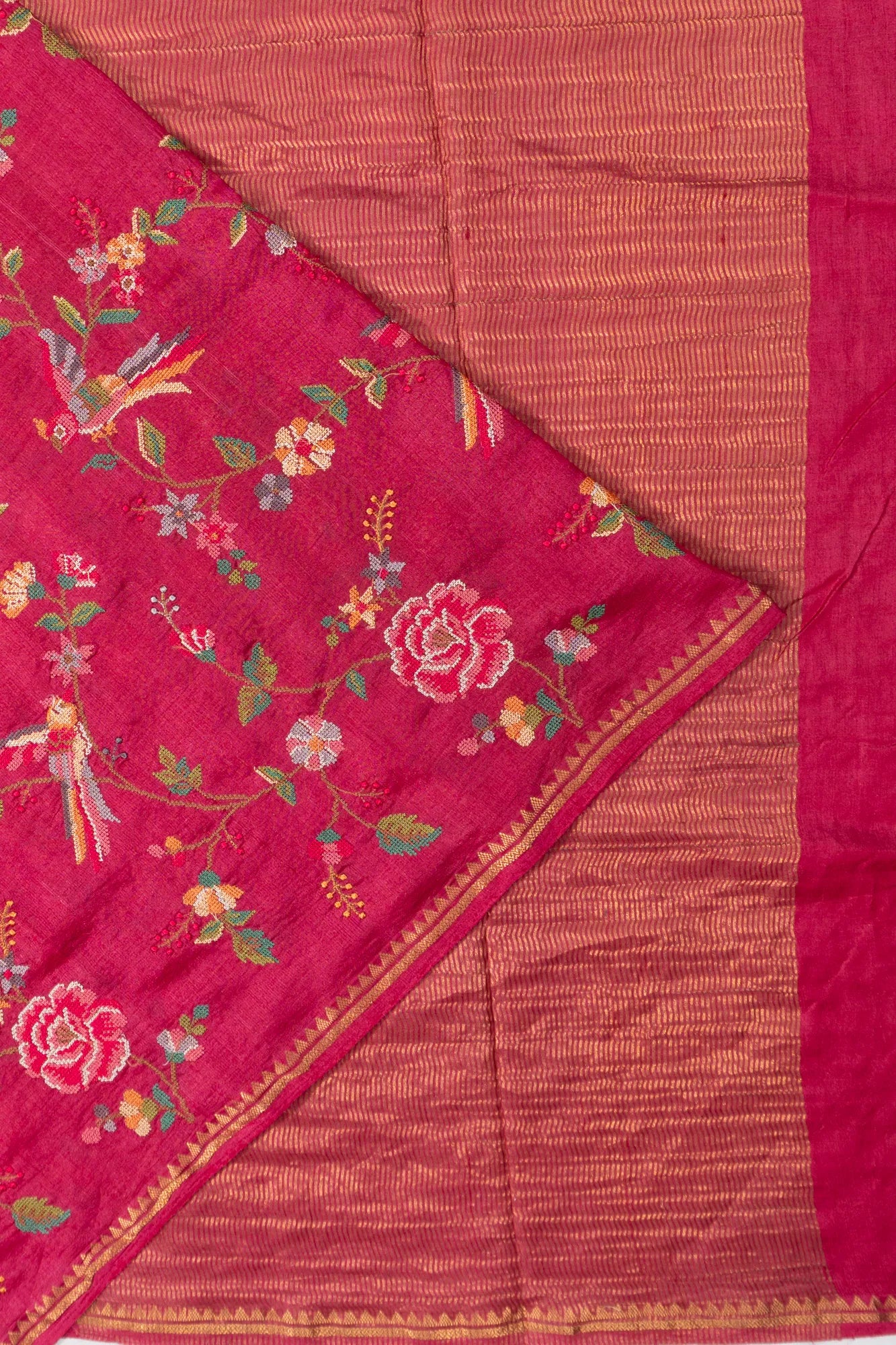 Tussar Floral Embroidery Pink Saree
