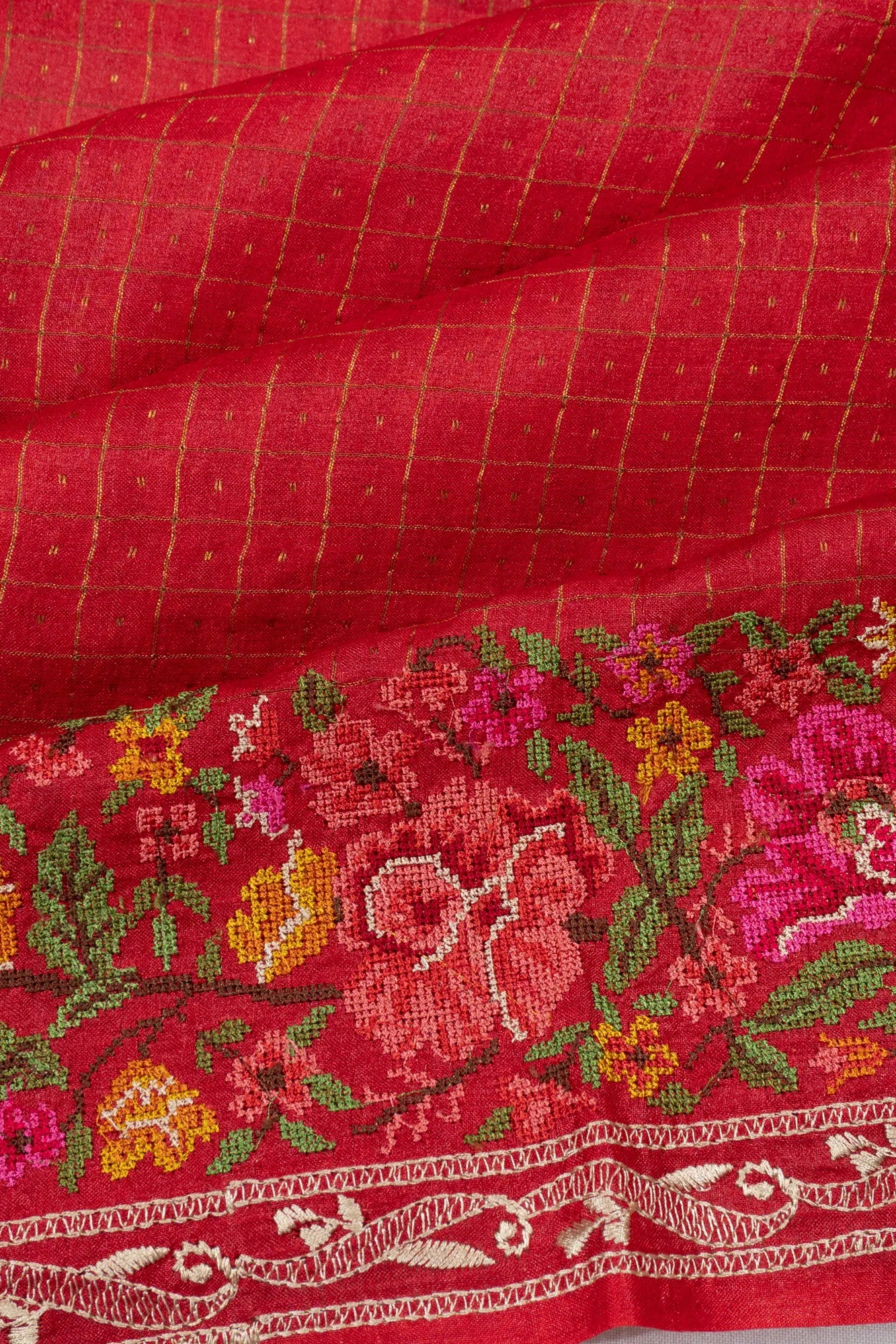 Tussar Checks And Butta Red Saree