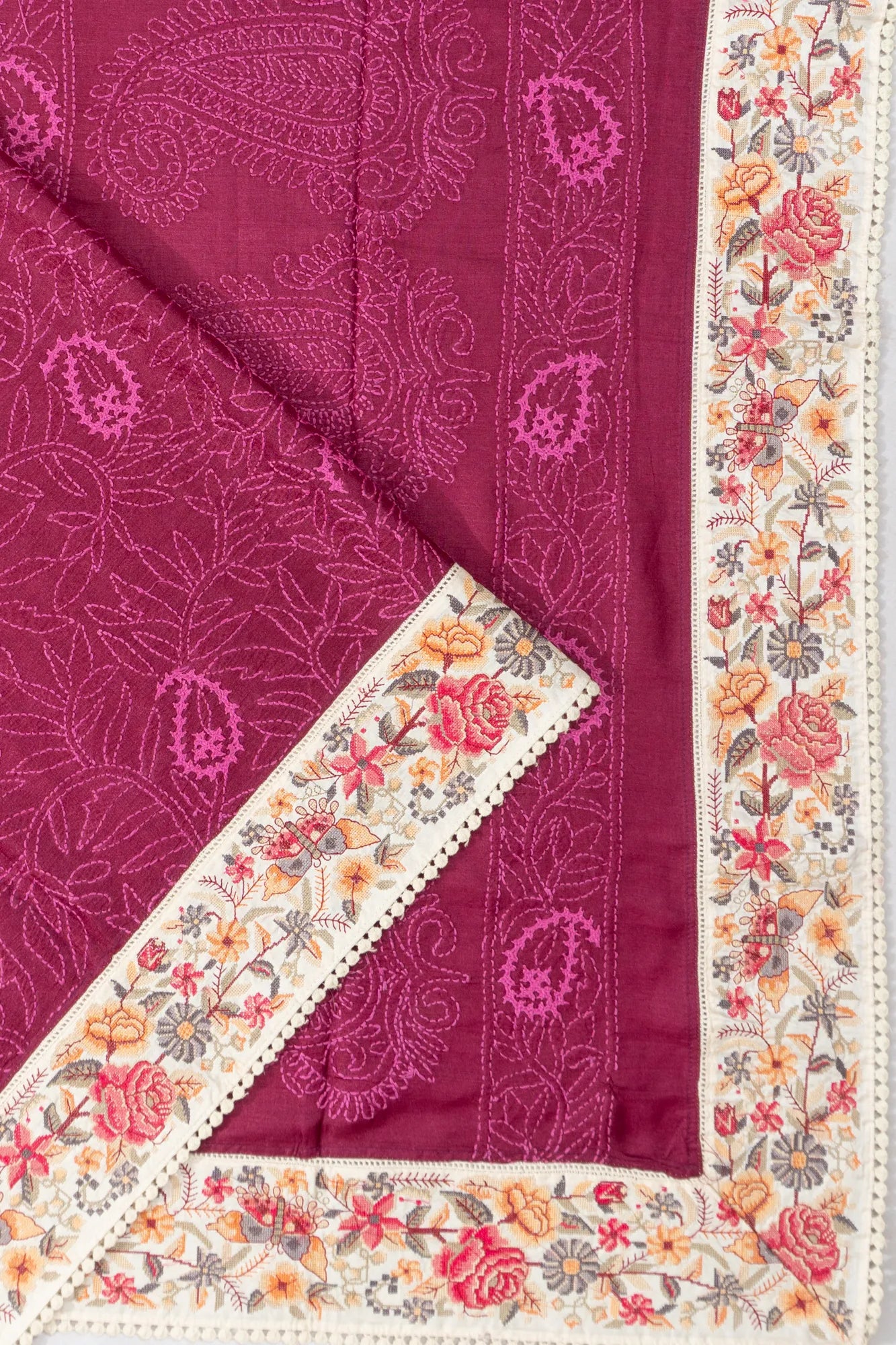Tussar Floral Embroidery Purple Saree