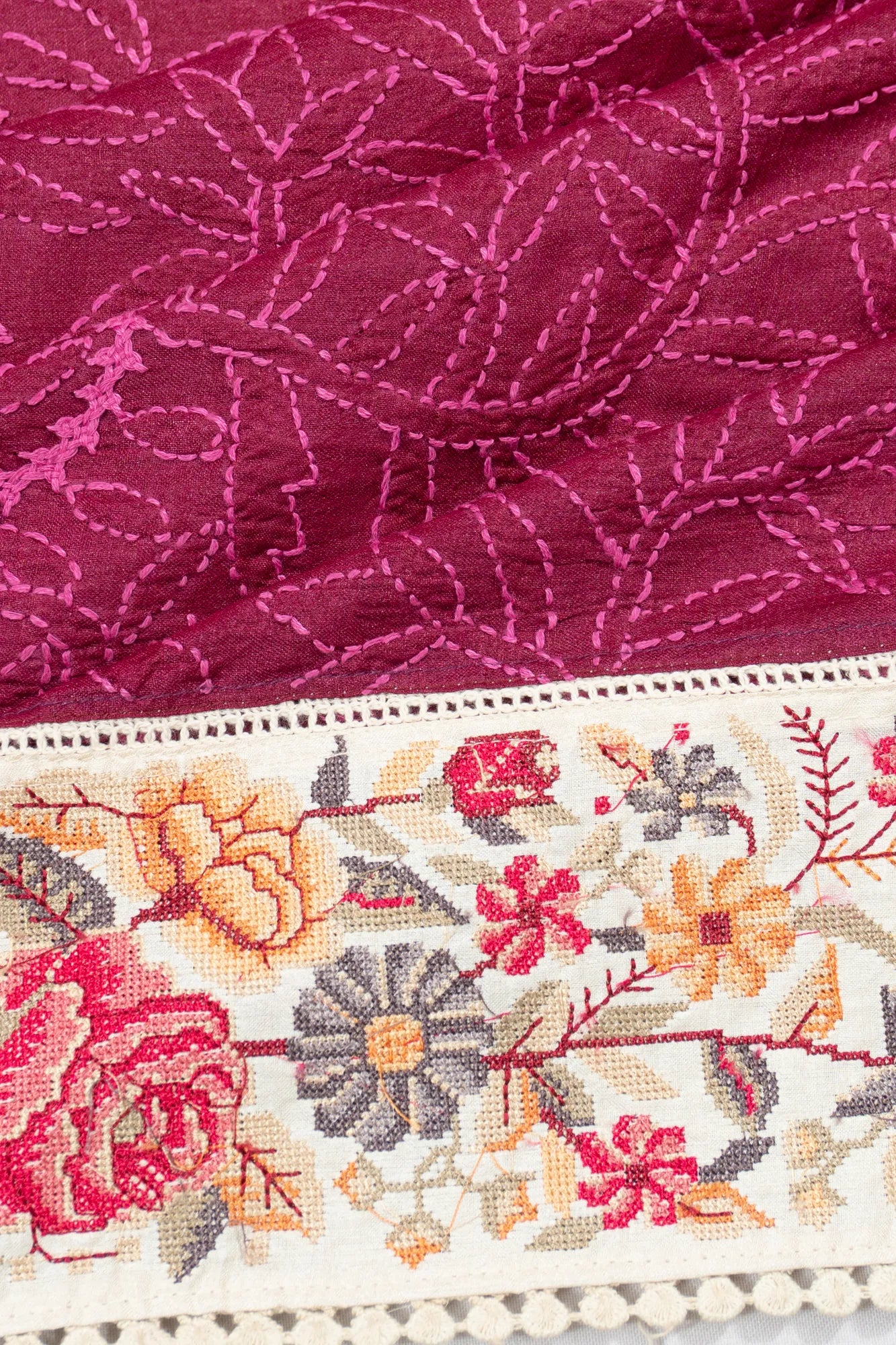 Tussar Floral Embroidery Purple Saree