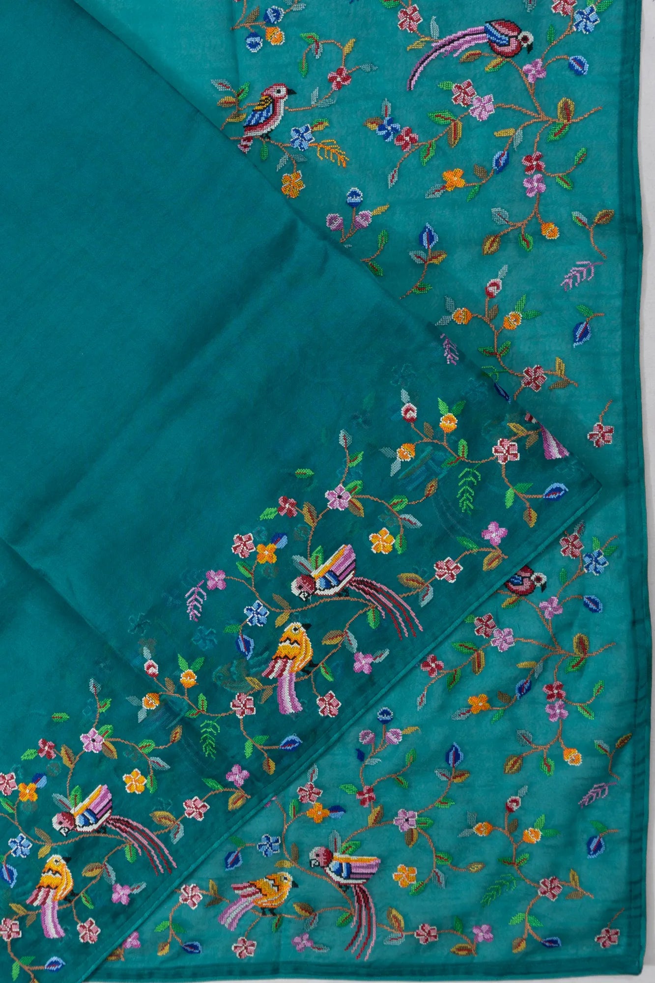 Organza Plain Teal Blue Saree With Embroidery Border