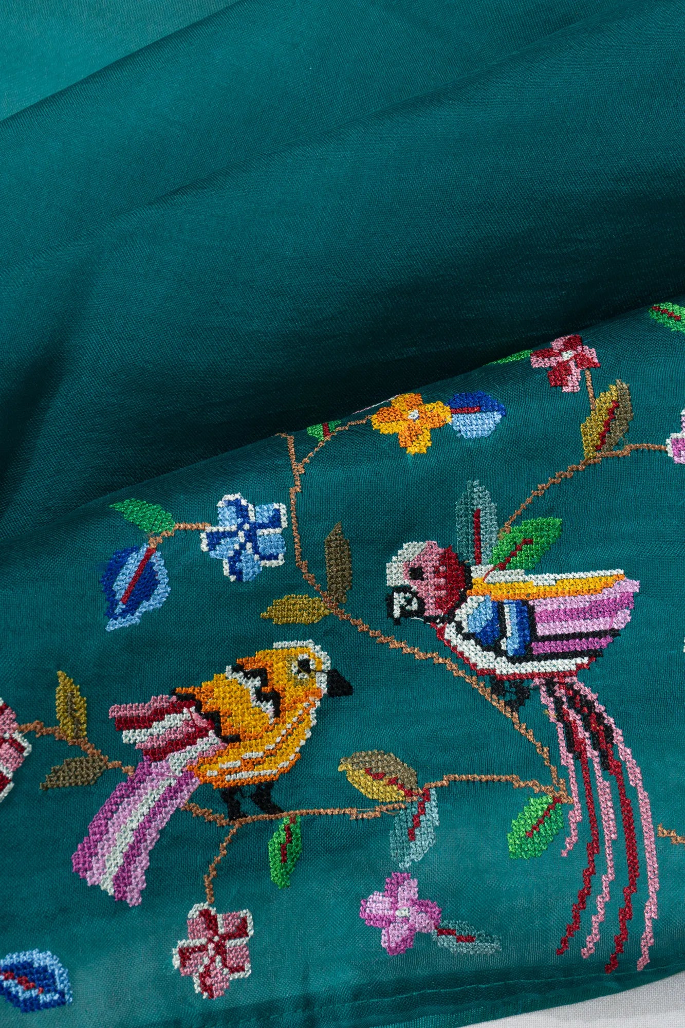 Organza Plain Teal Blue Saree With Embroidery Border