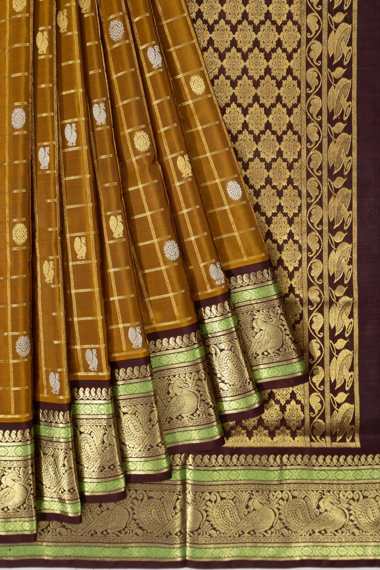 Venkatagiri Silk Checks And Butta Golden Brown Saree