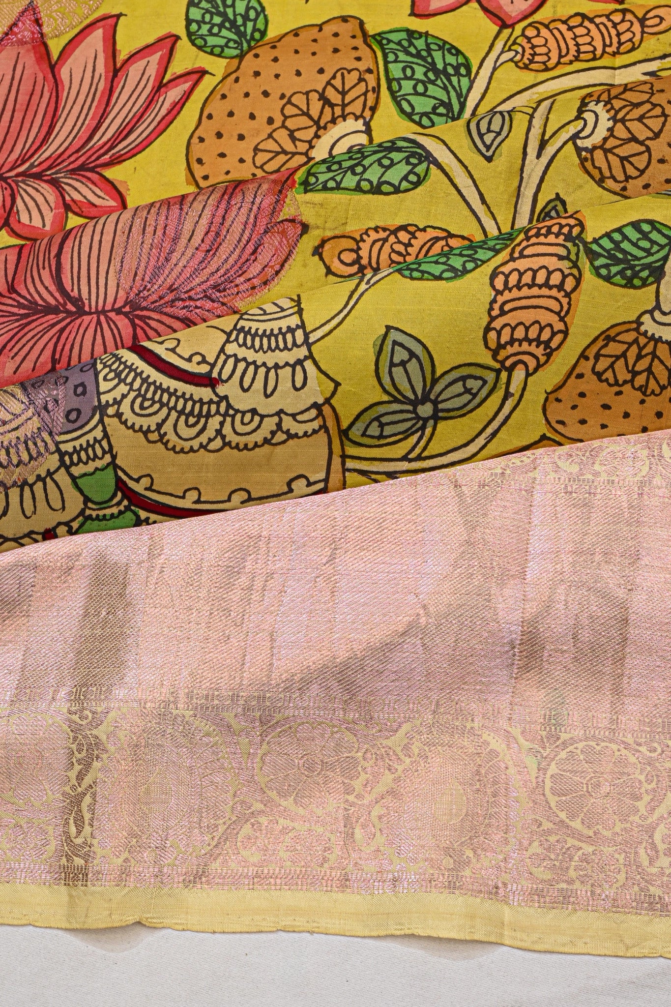 Kanchipuram Silk Kalamkari Tissue Handpainted Pastel Green Saree