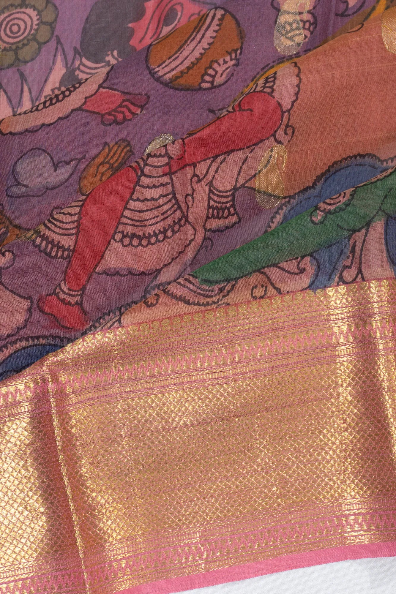 Kanchipuram Silk Kalamkari Hand Painted Butta Lilac Saree